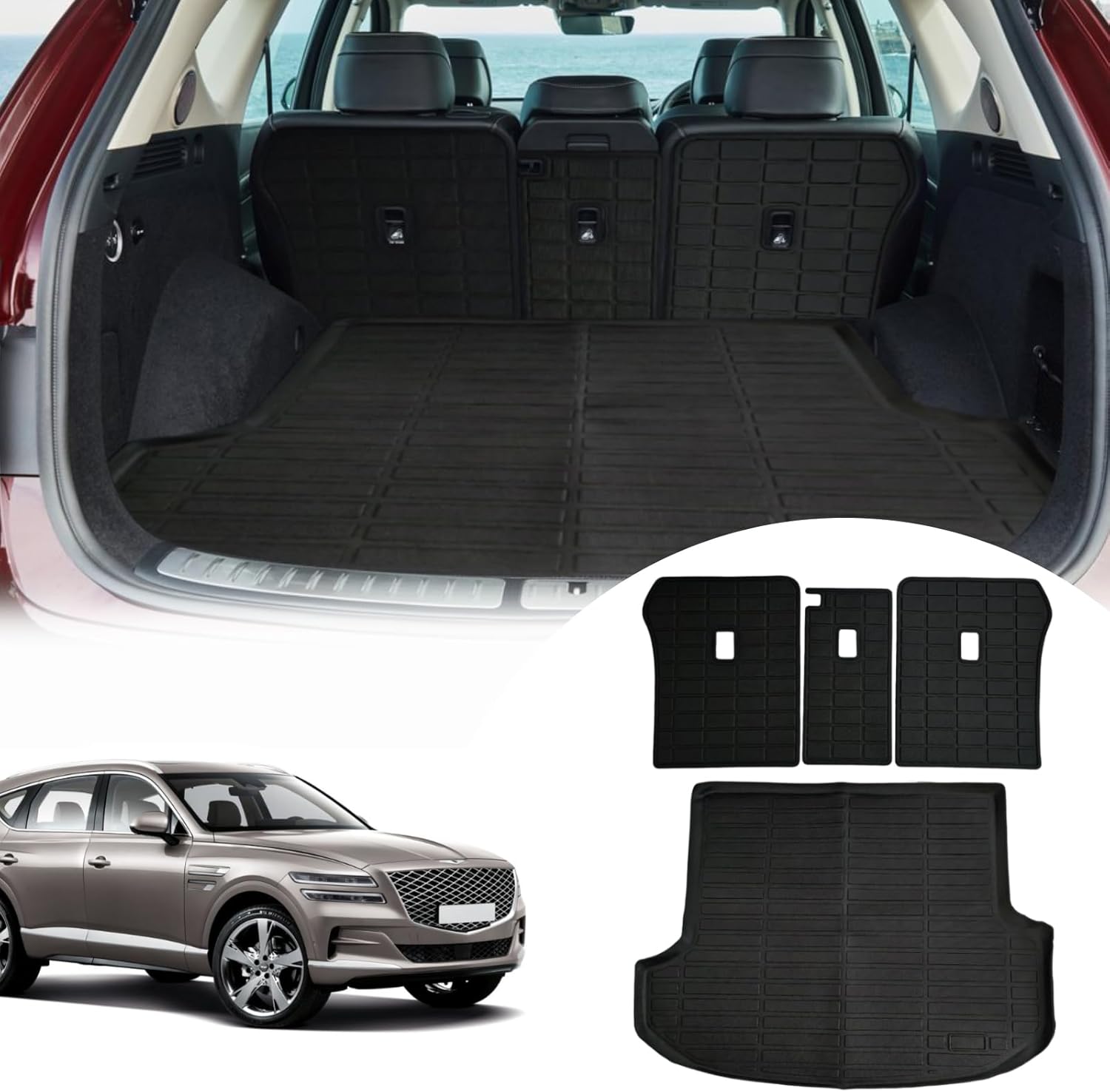Cargo Liners Backrest Mat for Genesis GV80 Accessories 2021-2025 with Hook&Loop Rear Trunk Mat Rear Seat Back Cover Protector All Weather Anti-Slip Split Dog Liner 4 PCS for Genesis GV80 2021-2025