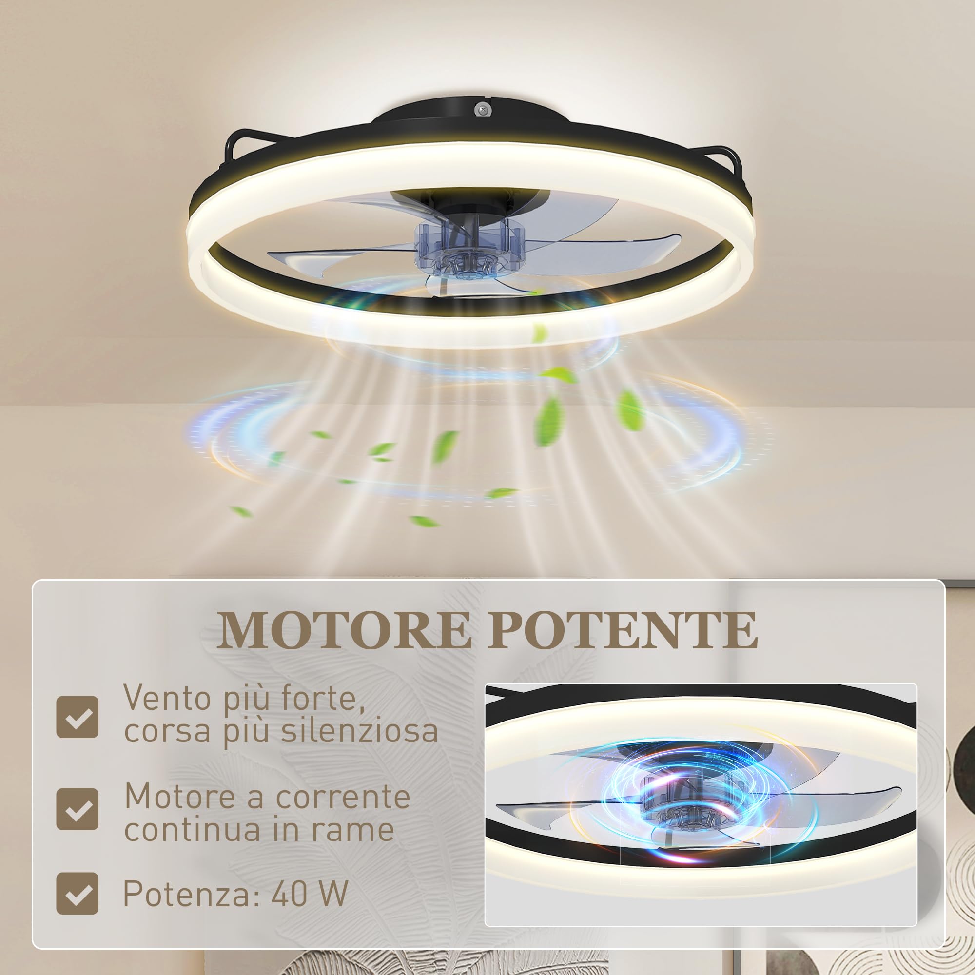 HOMCOM Ventilatore da Soffitto con Luce LED Regolabile, Telecomando, Timer, 6 Velocità, Flusso Reversibile e Motore Silenzioso DC, Ventilatore da Soffitto in Acciaio e Plastica, Ø50x12.5A cm, Nero