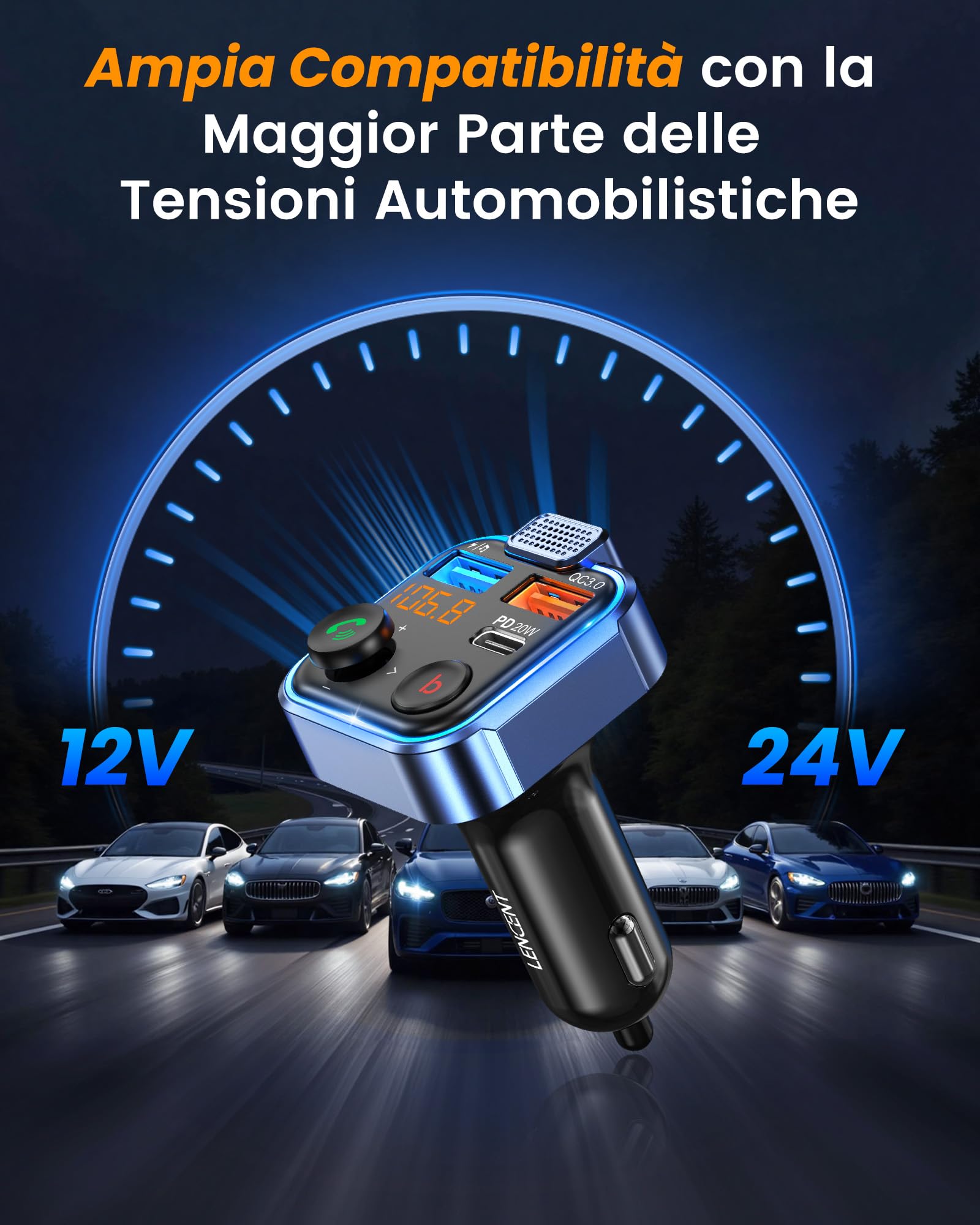 LENCENT Trasmettitore Bluetooth 5.0 per Auto, Musica Bluetooth Auto con Bassi Profondi e Suono Hi-Fi lossless, Ricarica Rapida Tipo-C PD 20W e QC3.0, Supporto Disco U-Luce Blu Sfumata