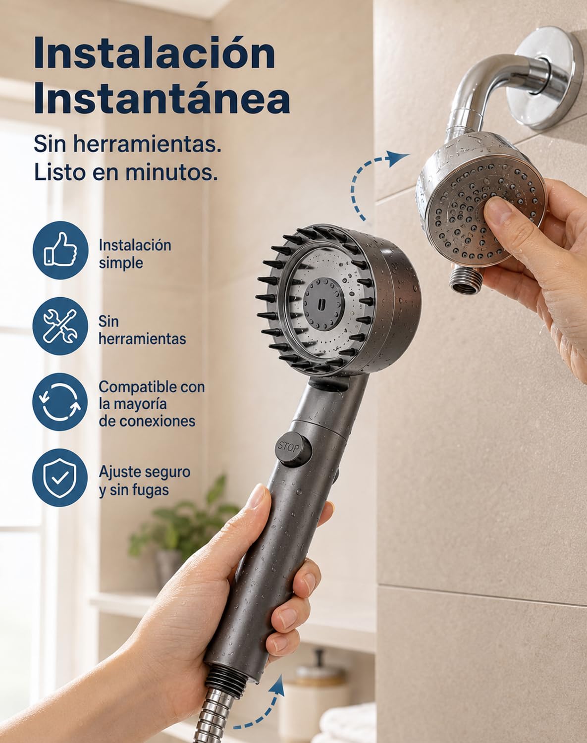Aquapure Ducha Filtrante con Filtración de 12 Etapas, Cabezal Universal con 4 Modos Ajustables, Aumenta Presión de Agua, Ducha Filtrante para Cuidado Capilar y Cutáneo en Hogar (A, 2 metros)
