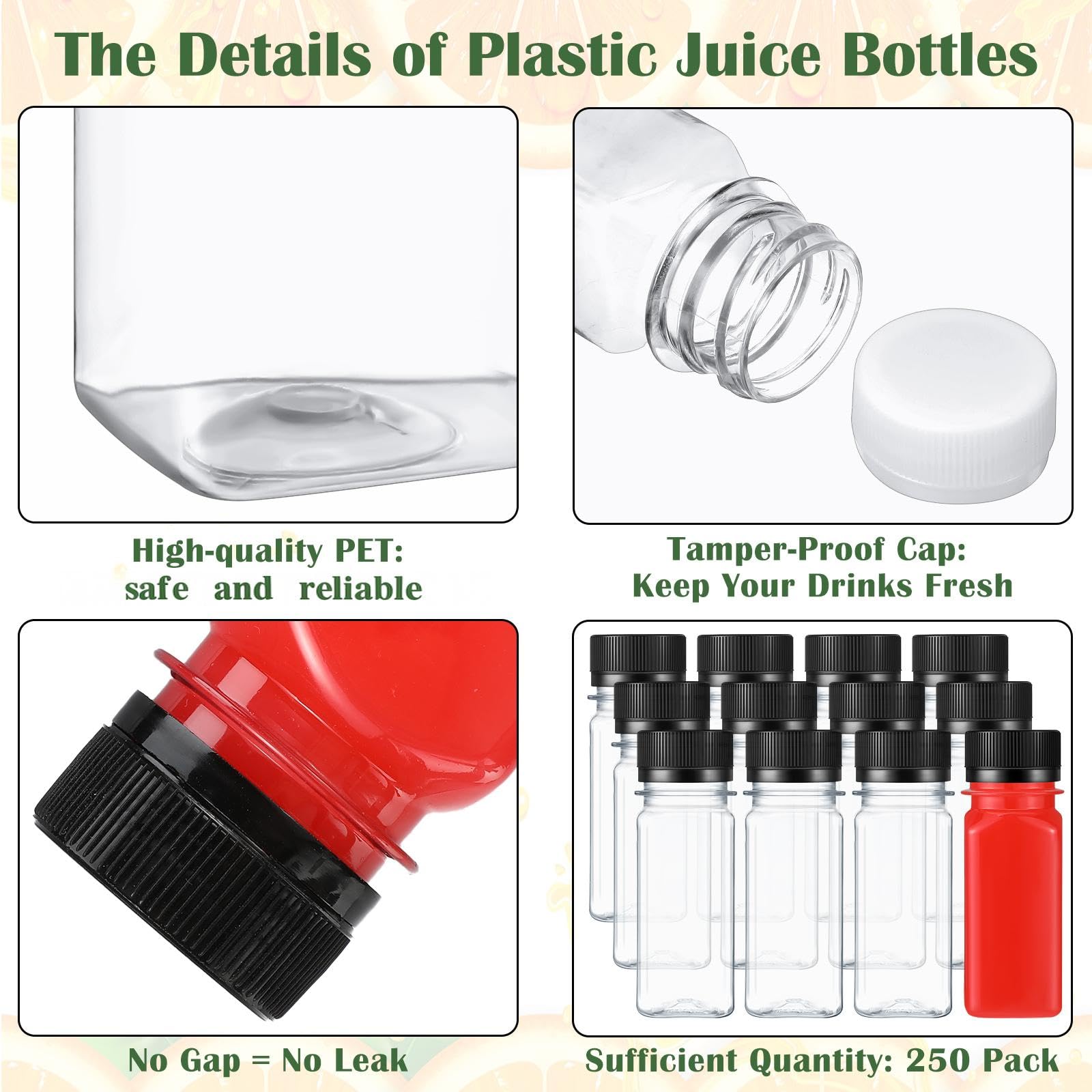 Sliner 250 botellas de jugo de plástico de 2 onzas a granel con tapas, pequeñas botellas de plástico transparentes para exprimir vasos de jengibre con tapas, mini tarros de refrigerador, reutilizables