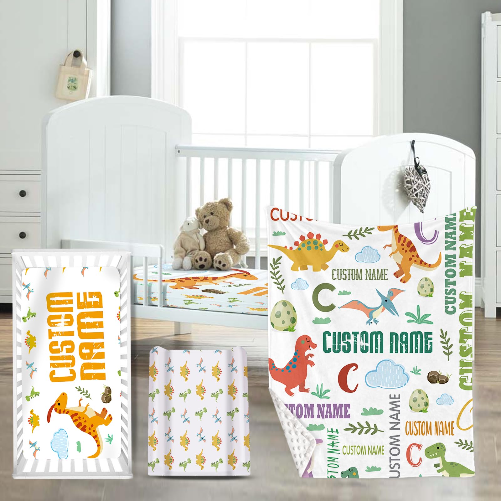 HSHRYY Custom Name Crib Bedding Set for Infant Baby, Personalized Nursery Decor Baby Blanket Fitted Crib Sheet Changing Pad Cover 3 Pcs, Various Cute Dinosaur Theme for Baby Girls