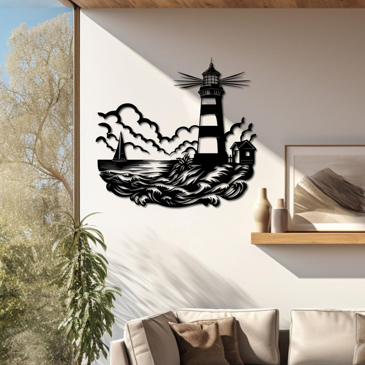 Décoration murale métal noir phare nautique paysage de chambre