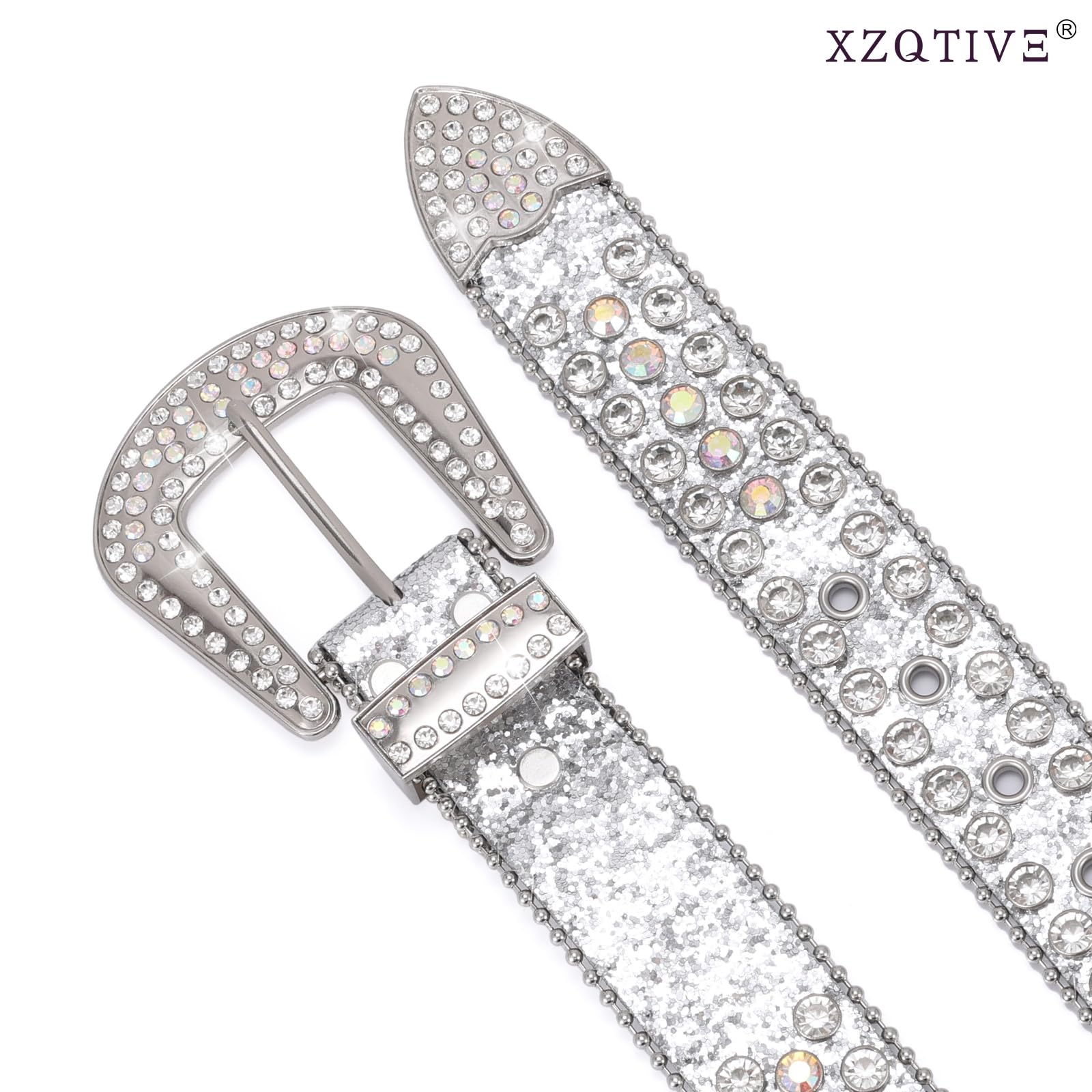 Cinturones de cuero con tachuelas de vaquera para pantalones vaqueros con diamantes de imitación y hebilla de plata occidental, unisex, plata (hebilla de plata) 2