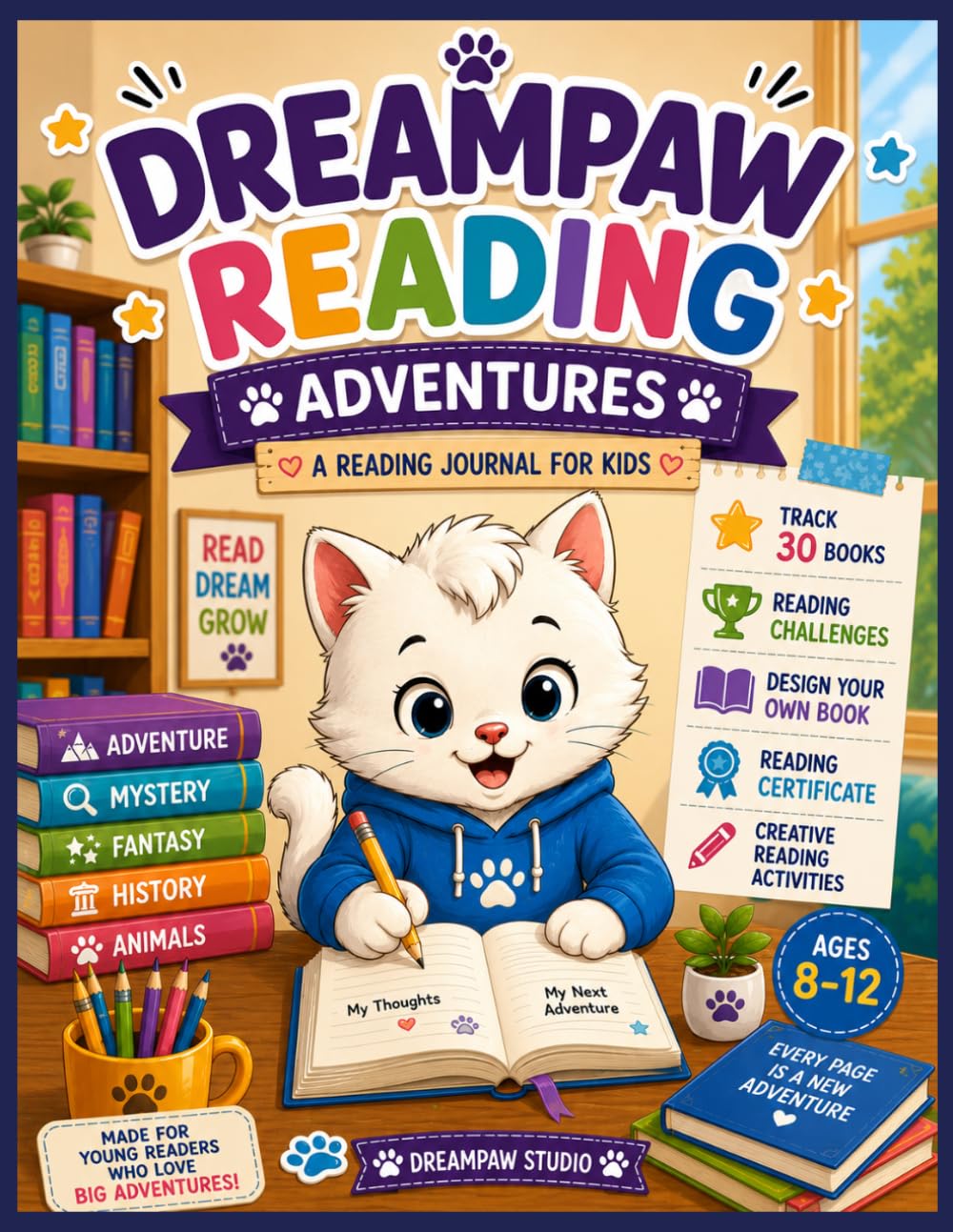 DreamPaw Reading Adventures: A Reading Journal for Kids | Track 30 Books, Reading Challenges, Book Reviews, Creative Reading Activities & Reading Certificate