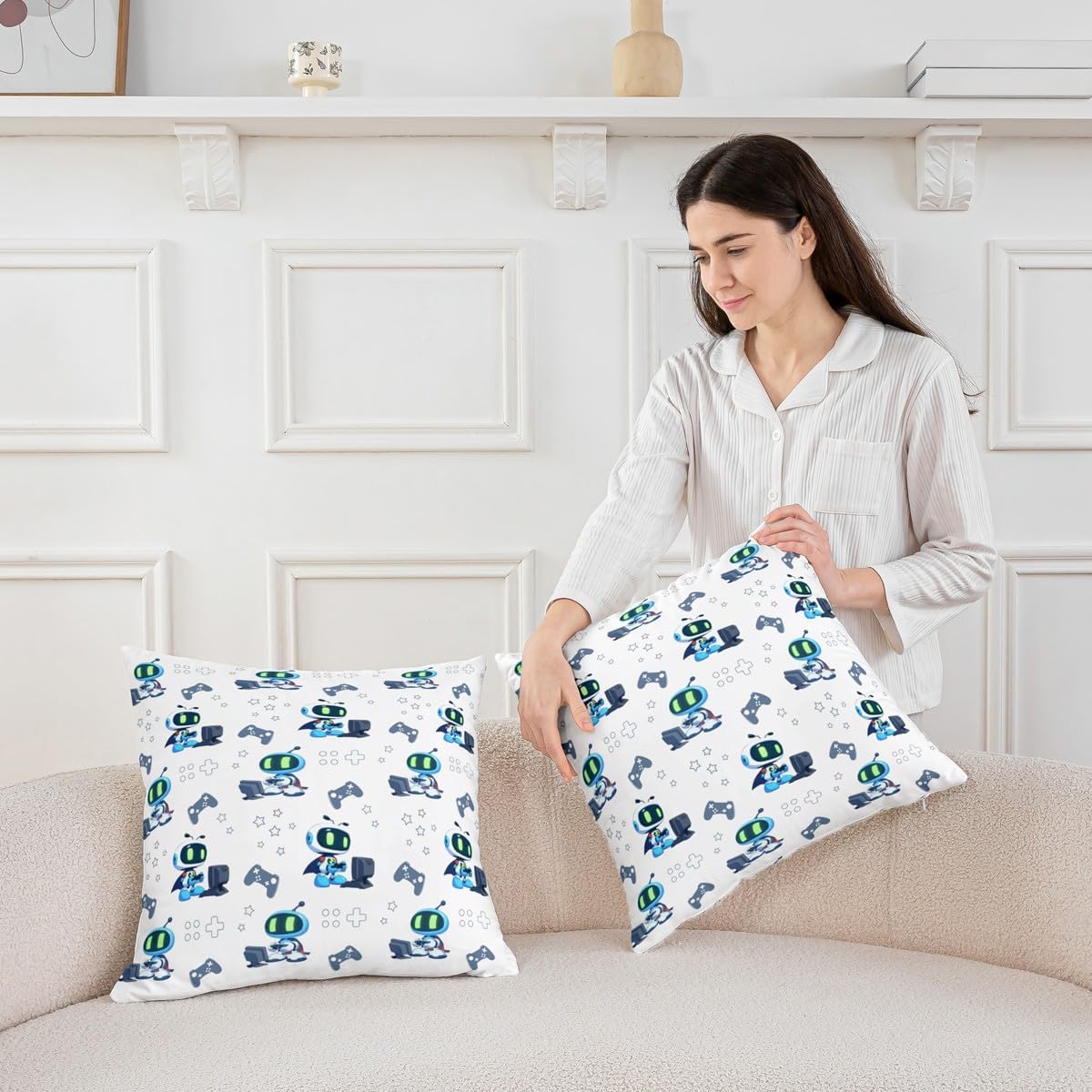 Cute Robot Kids Throw Pillow Cover,Planets Starry Galaxy Outer Space Double Sides Pillow Case,Gaming Intelligent Machine Tools Grey Couch Sofa Cushion Cover,2 Pack 20"x20" image 5