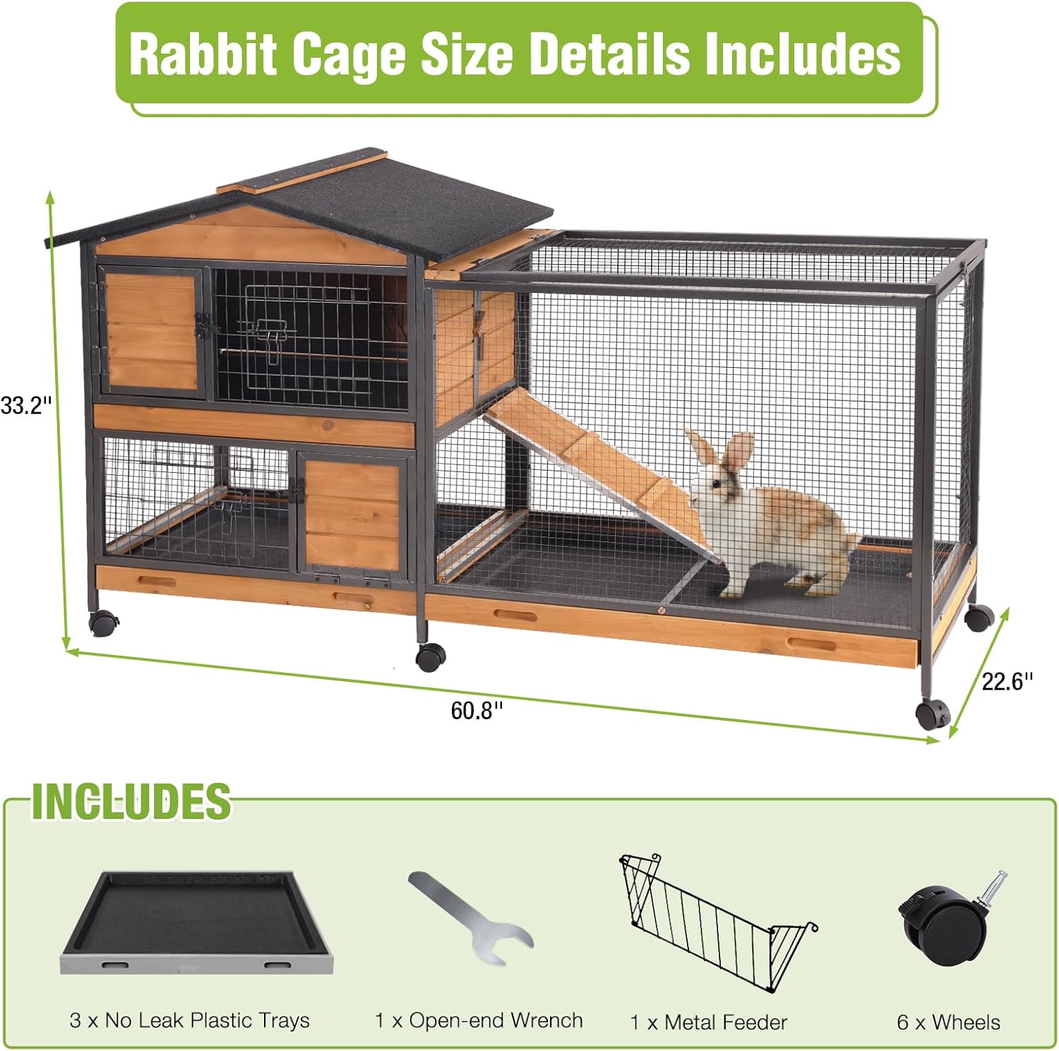 Large Rabbit Hutch Indoor Outdoor, Wooden Rabbit Cage with Chewproof Metal Frame, 62'' Mobile Bunny Cage with Wheels, Pull-Out Tray, Waterproof Roof, Guinea Pig Habitat (Orange)