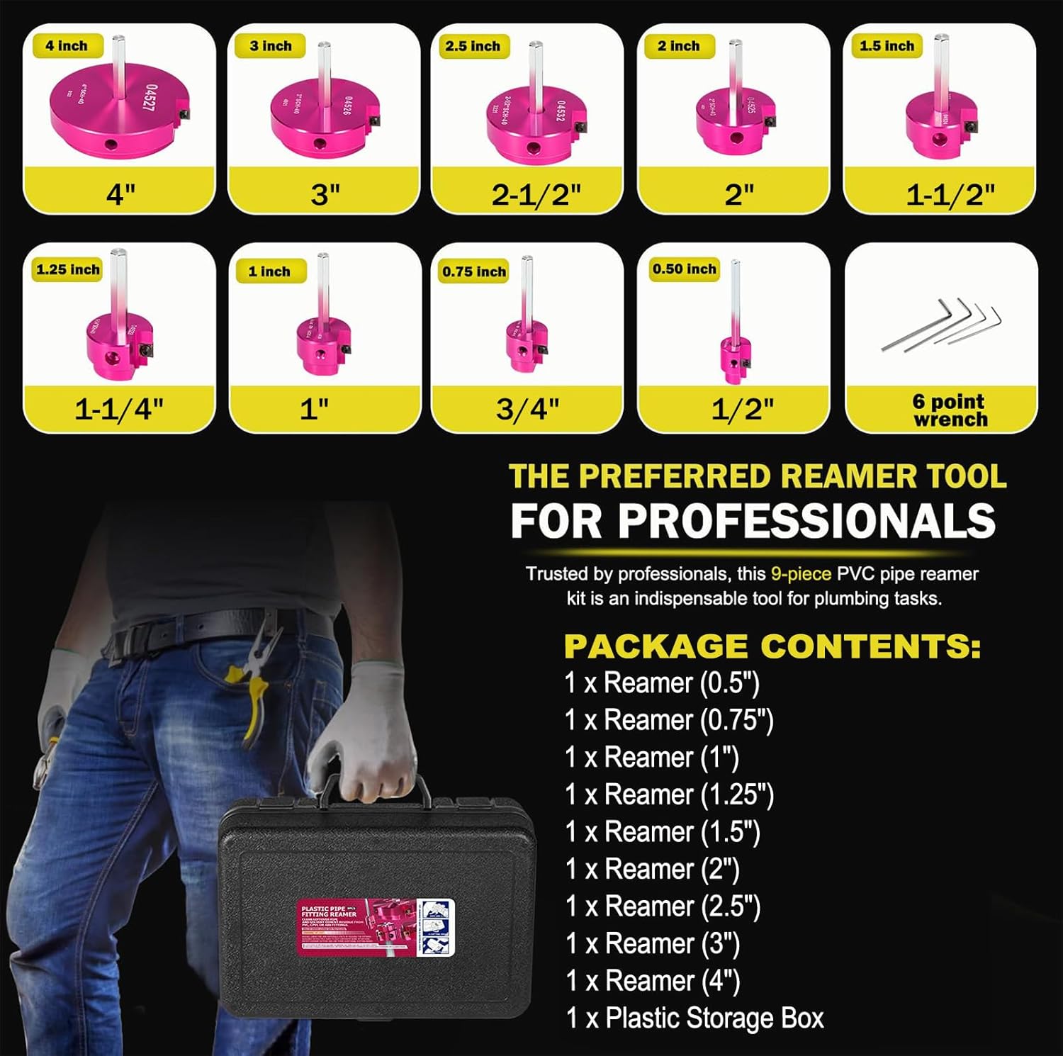 Premium 9-Piece PVC Pipe Reamer Kit, Includes Sizes 1/2", 3/4", 1", 1-1/4", 1-1/2", 2", 2-1/2", 3", 4", For Standard 1/2" Drills, Ideal for PVC, CPVC, ABS Pipes, Perfect for Plumbing Repairs