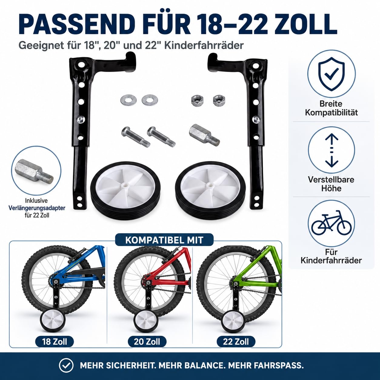 Kinderfahrrad Stützräder aus Kohlenstoffstahl, Universelle Stabilisatoren für 18 20 22 Zoll Fahrräder Sicherheitsunterstützung für Kinder, Inklusive Verlängerungsschrauben für Gangschaltung