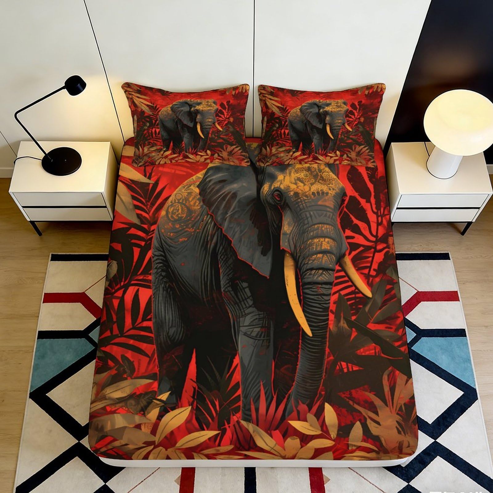3D Printed Elephant Red Fitted Sheet Microfiber Soft Breathable Jungle Bed Cover for Bedroom Dormitory Guest Room Mattress Protection Decor 160x200x25cm