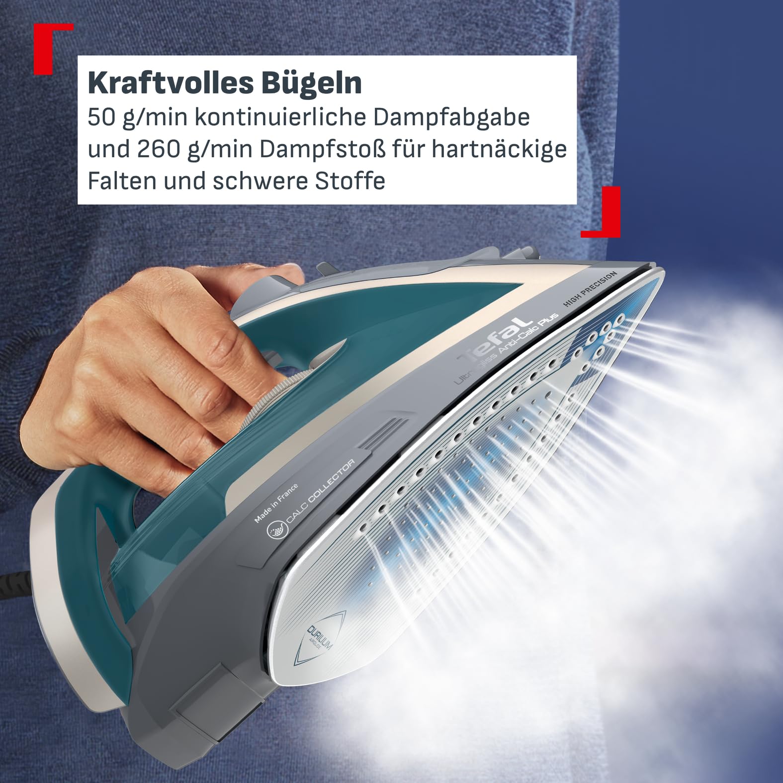 Tefal Dampfbügeleisen Ultragliss Plus, 2800 W, abnehmbarer Kalk-Kollektor, kratzfeste Bügelsohle, 50 g/Min. Dampfabgabe, 260 g/Min. Dampfstoß, Abschaltautomatik, türkis/grau, FV6842