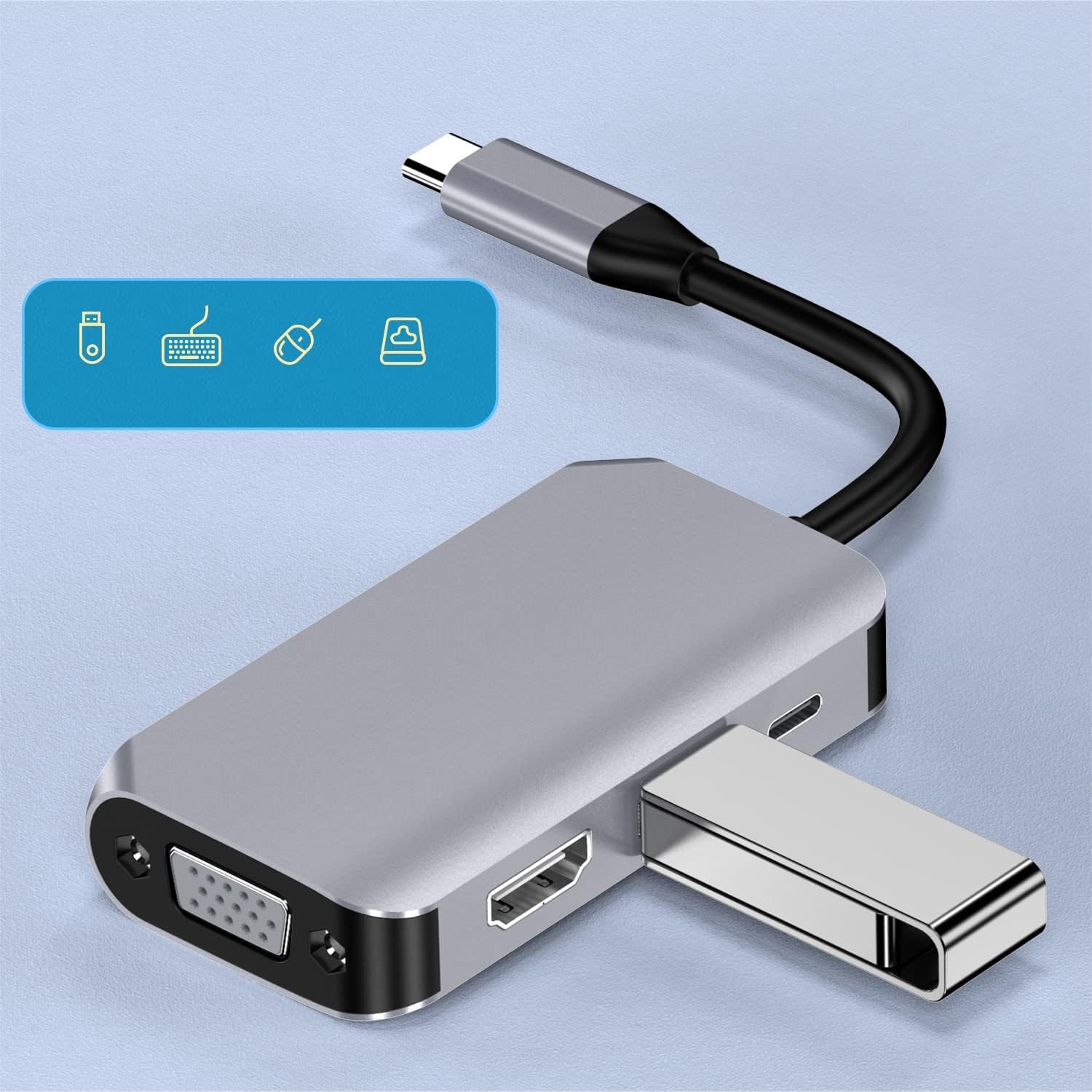 Hub adaptera USB C, 4 w 1, USB typu C do 4K HDMI, VGA, USB3.0 i USB-C PD wieloportowa stacja dokująca kompatybilna z urządzeniami MacBook, Chromebook, Zenbook itp. Urządzenia typu C