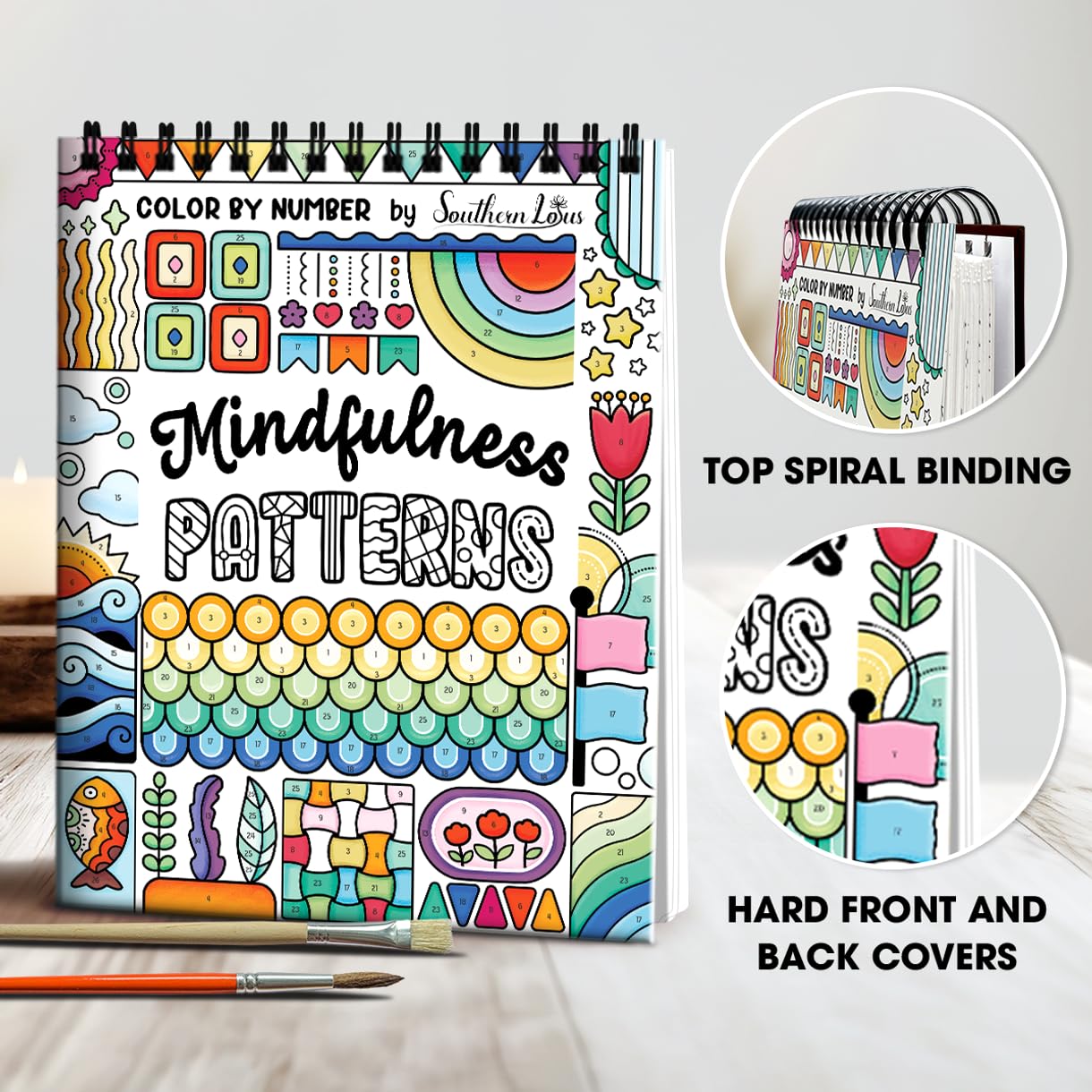 SOUTHERN LOTUS Livre de coloriage en spirale pour adultes - Motif de pleine conscience - Couleur par numéro - Cadeau de relaxation - Pour femme