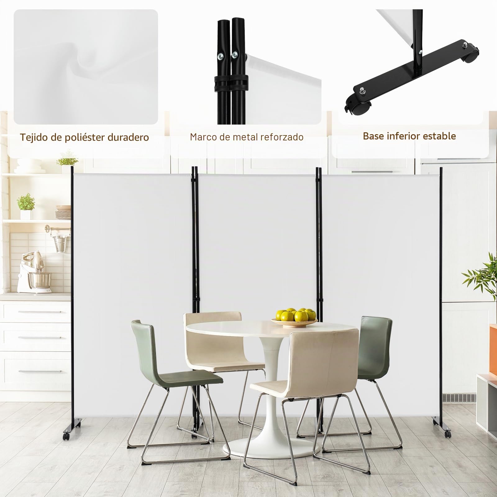 GIANTEX Biombo Plegable con Ruedas, Separador de Privacidad 3 Paneles, 262 x 180 cm, Divisor de Habitación Independiente con Patas Anchas, Pantalla de Tela para Protección Privada (Blanco)