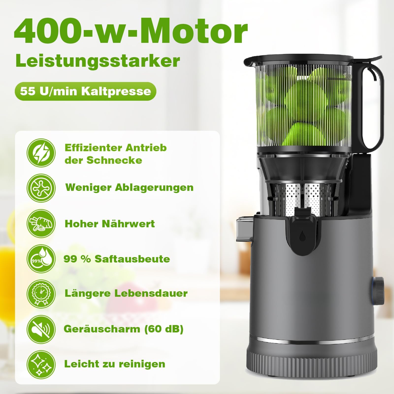 Extracteur de Jus – Slow Juicer avec Goulotte XL 147 mm et Moteur 400 W, Rendement Élevé et Préservation des Nutriments, Capacité 1,8 L avec 2 Verres, Sans BPA, Pour Fruits et Légumes Entiers - 5