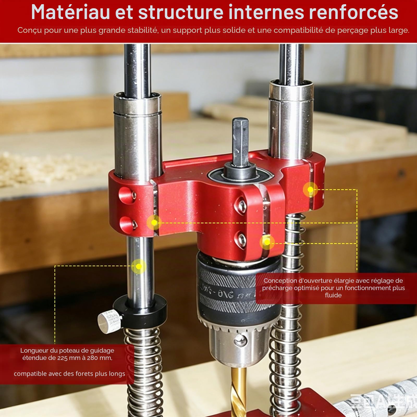 Support de Perceuse Upgrade avec Mandrin, Guide d'Angle 0–60° pour Perceuses Portatives, Auto-Centrant, Capacité de Serrage 1,5–13 mm, avec Indicateur à Aiguille, Paliers Lisses en Laiton