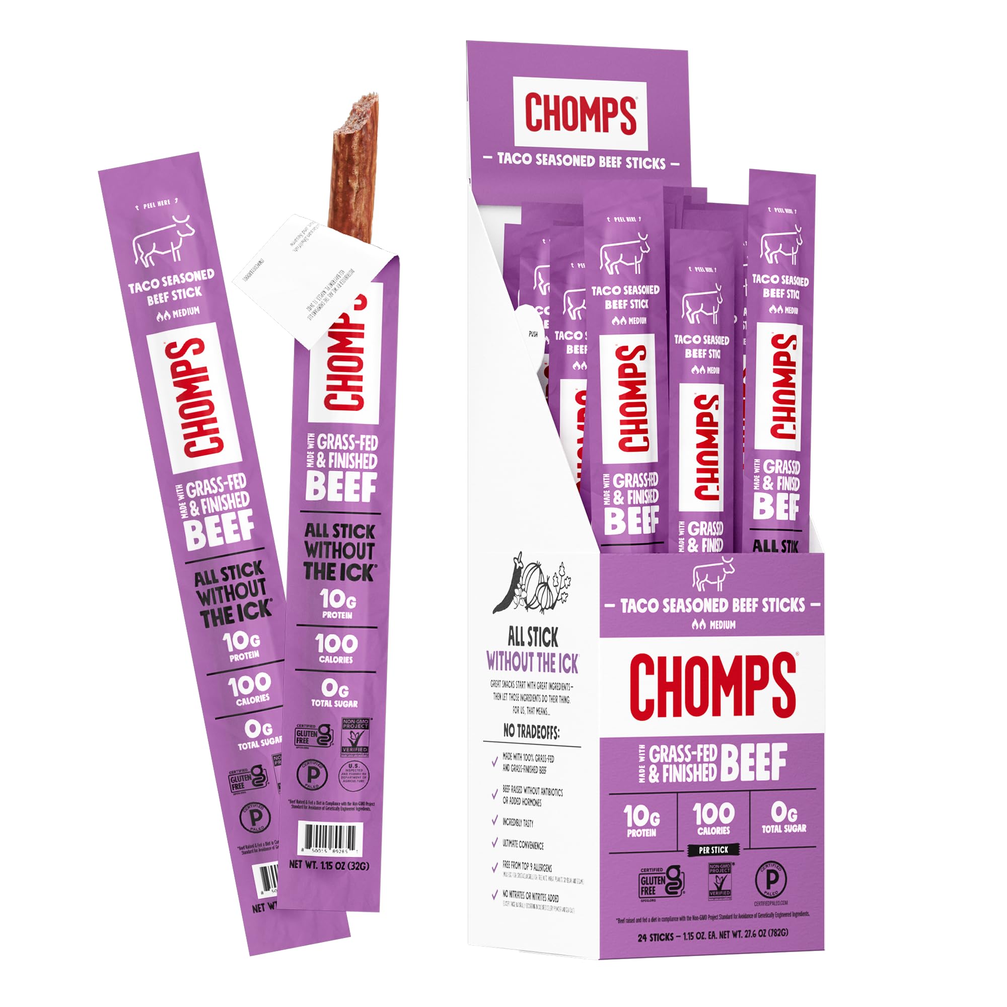 CHOMPS Grass Fed Taco Beef Jerky Snack Sticks, Keto, Paleo, Whole30 Approved, Non-GMO, Gluten Free, Sugar Free, High Protein, 90 Calorie Snacks, 1.15 Oz Meat Stick, Pack Of 24