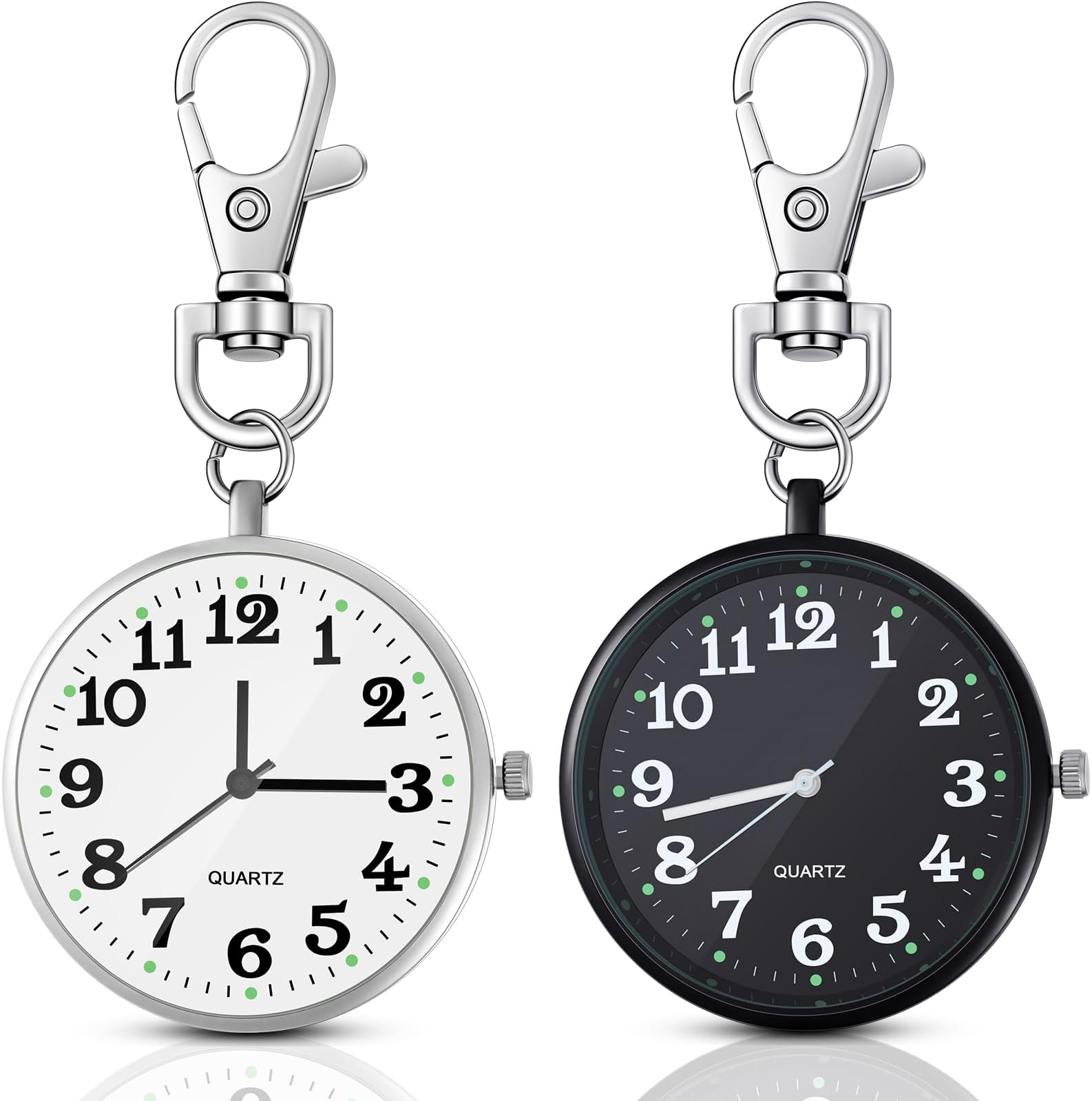 2 Pieces Quartz Pocket Watch with Key Buckle Round Keychain Clip on Watch Portable Unisex