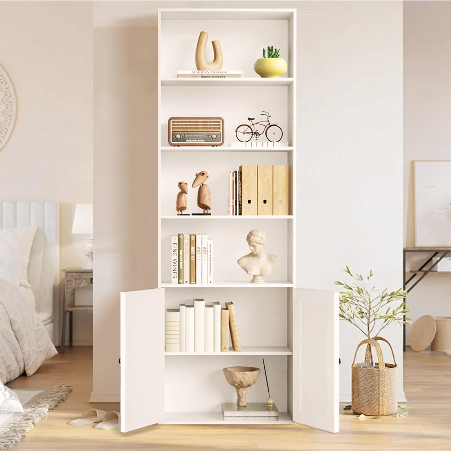 Bookshelf, 6-Tier Floor Bookcase with 2 Bottom Doors, 9.29"x23.62"x70.86", Storage Cabinet Bookshelves for Home Office, Living Room, Bedroom-White