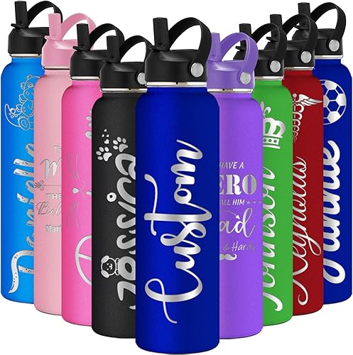 Miniatura 14 de Botellas de agua personalizadas de 24 onzas con nombre grabado, tapa de pajilla, acero inoxidable con aislamiento personalizado, asa de taza Rosado