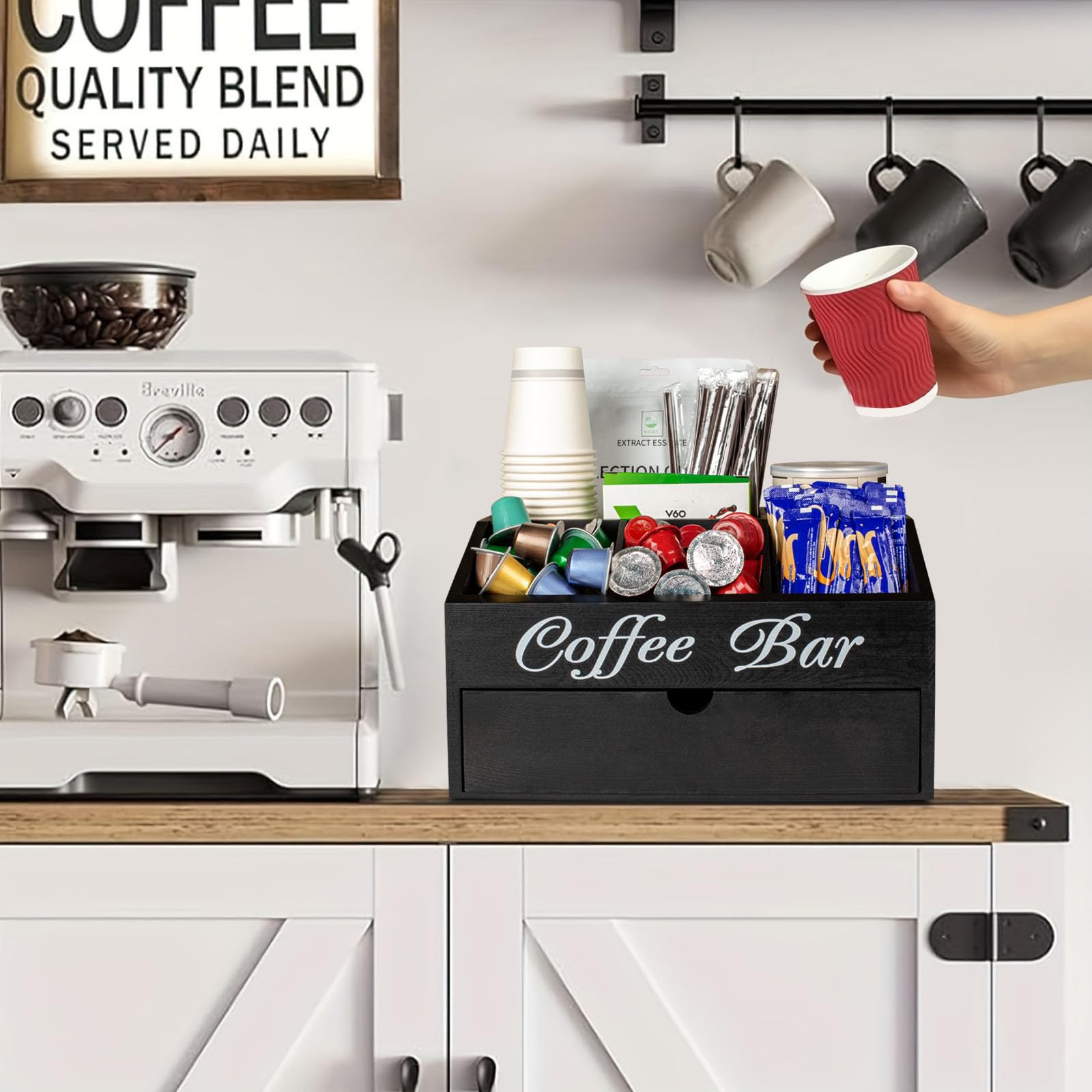 Porta Cialde Caffe Porta Capsule Caffe,Portacialde da Caffè | Porta Tisane in Pineta con 1 Cassetto per Organizzare Capsule, Cialde,Tisane,Zucchero,Cannucce,Bicchierini da Caffè (Nero)