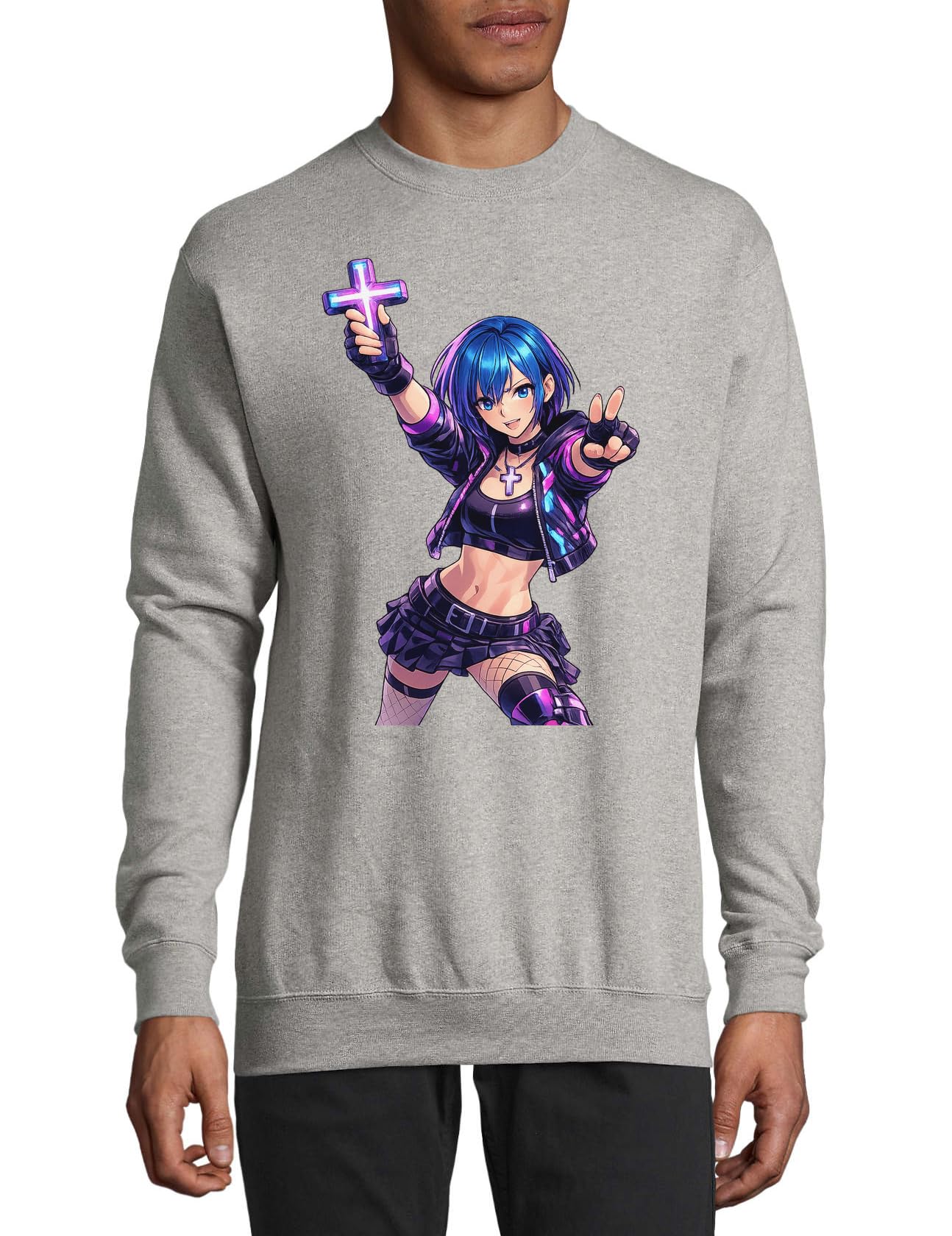 Energetic Girl With Glowing Cross Baumwoll-Pullover, Sweatshirt, Pullover, Grau, Größe XXXL