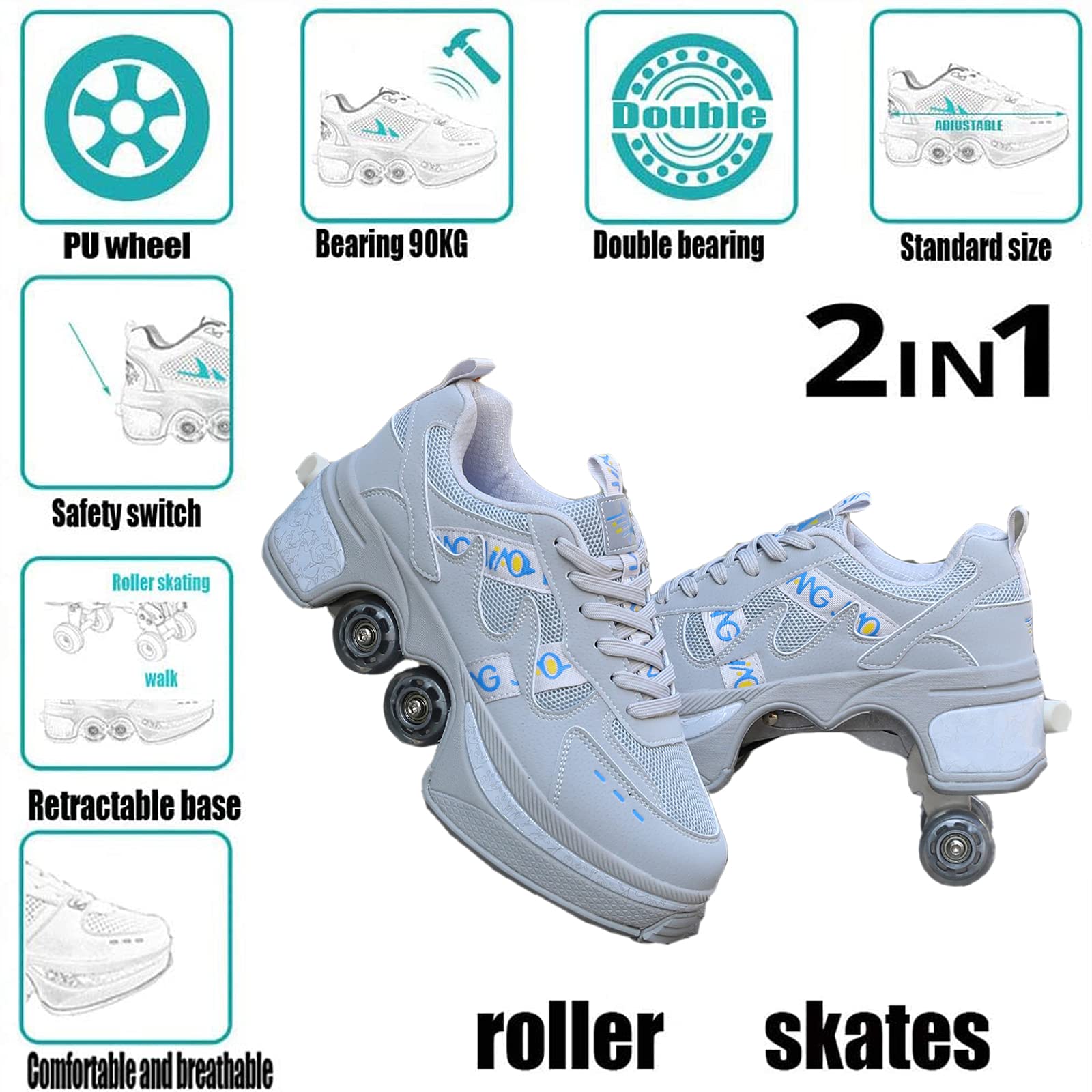 Roller Skates/2 in 1Multifunctional Roller Skates Shoese/Deformation Invisible Roller Skate Automatic Walking Shoes.Suitable for Outdoor Sports Roller Skates for Boys, Girls and Adults