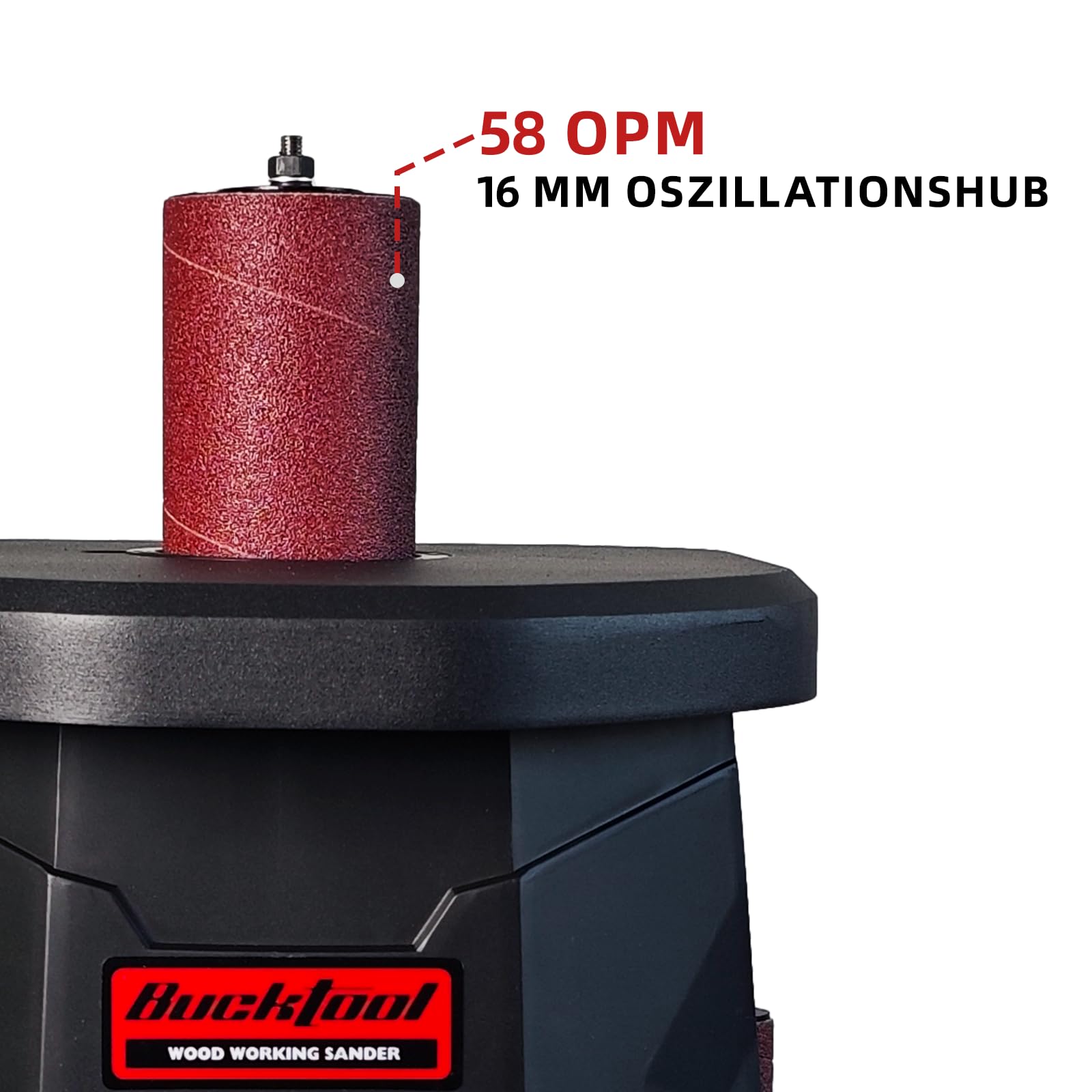BUCKTOOL Amoladora de husillo de 450 W, lijadora oscilante de husillo | 1000-1800 rpm de velocidad variable, 6 manguitos de lijado, oscilación de 16 mm y extracción de polvo para bordes y contornos