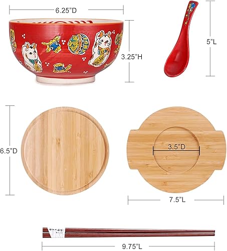 Miniatura 3 de Happy Sales HSKM-RDCAT6 - Tazón de fideos de arroz Kamameshi japonés estilo vintage con tapa de bambú, palillos salvamanteles y cuchara de