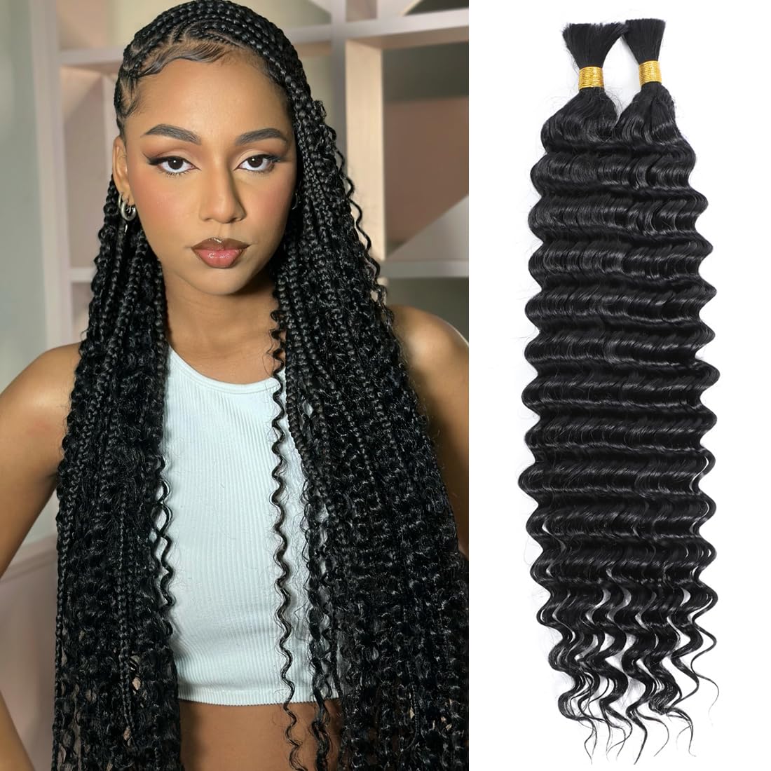 Human Braiding Hair for Boho Braids Bohemian 18 inch Deep Wave Bulk Human Braiding Hair 100% Virgin Human Hair Extensions