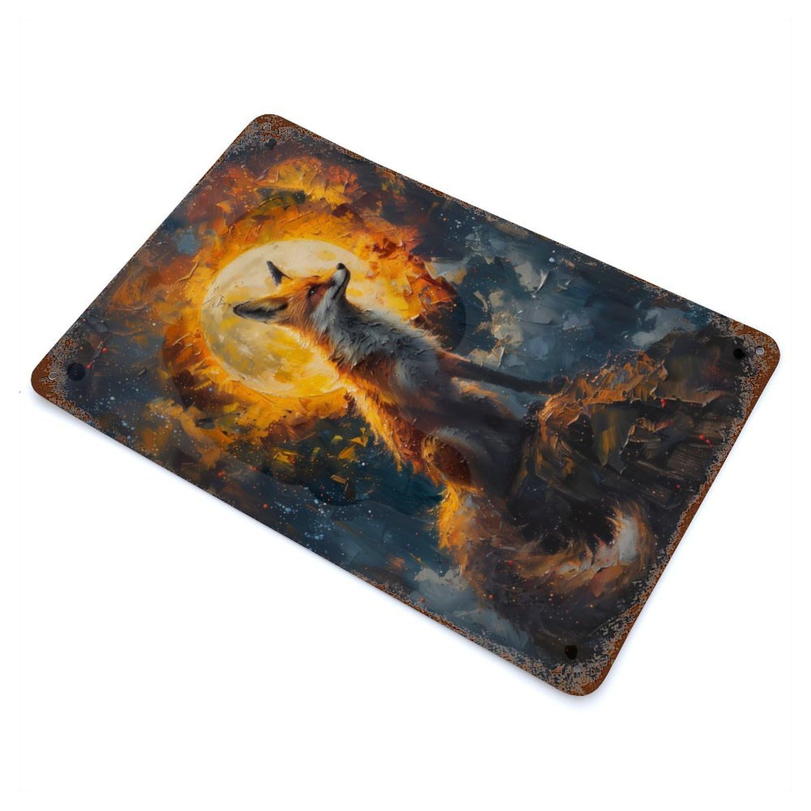 Sunset Fox Painting Decorative Tin Sign 11.8"x7.9", Rustic Home Decor for Garage, Pub Or Kitchen