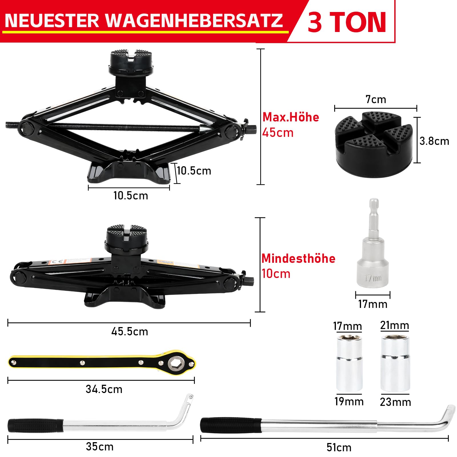 Warmfay Gato hidráulico 3T/3000 kg, gato universal de tijera de 100 a 430 mm de altura de elevación con revestimiento de goma para coche, portátil, resistente, de acero, incluye llave de tuercas de