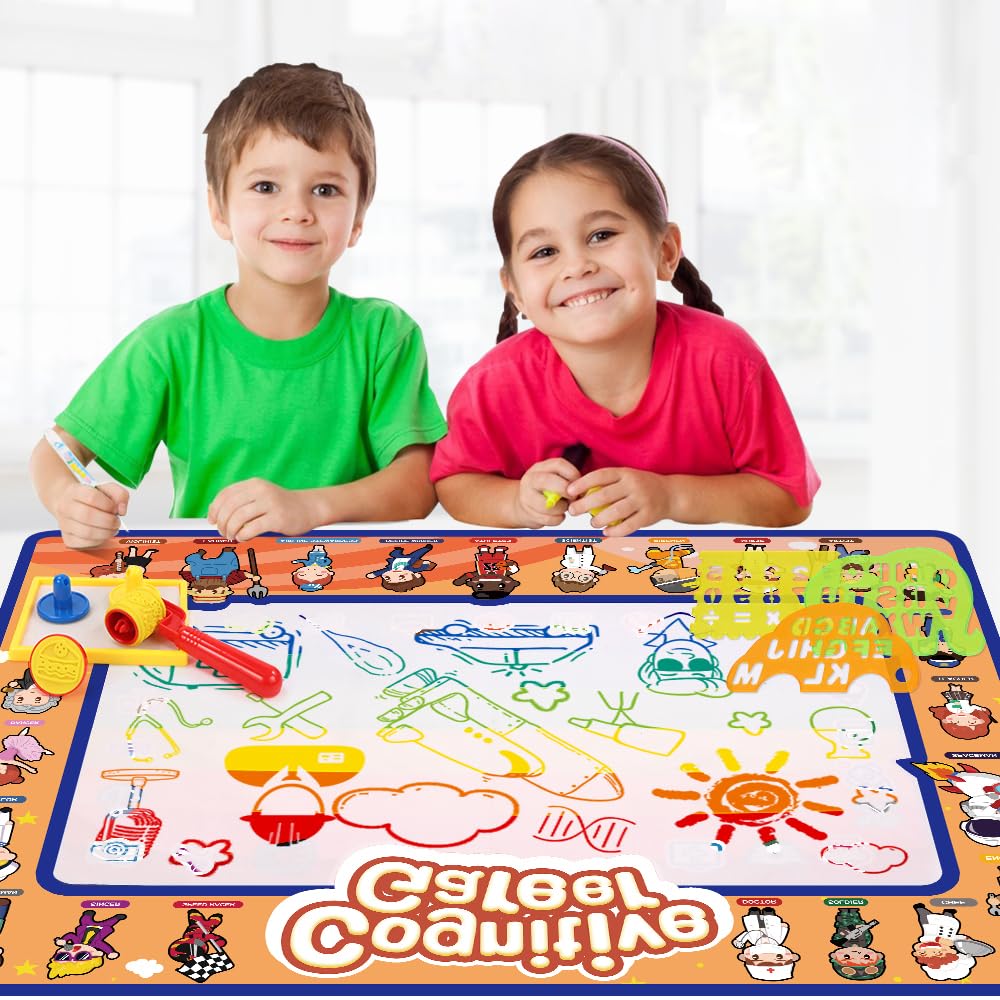 VASTCART Cognitive Letters Magic Mat, 80×60cm No-Mess Water Drawing Mat with 3 Magic Pens & 6 Stamps – Educational Aqua Doodle Board for Toddlers, Learning Toy & Xmas Gift for Boys & Girls Ages 6Year+