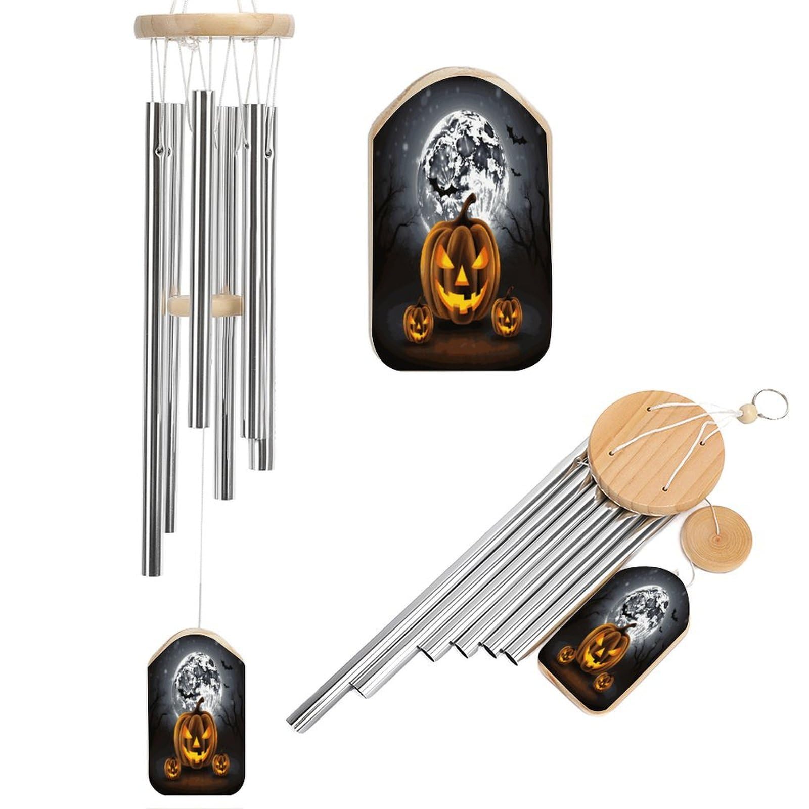 Btcowzrv Style Halloween Moon Bat Pumpkin Wind Chimes For Outside, Hanging Windchimes With 6 Aluminum Tubes, Memorial Wind Chime For Patio Backyard Garden And Outdoor Decor