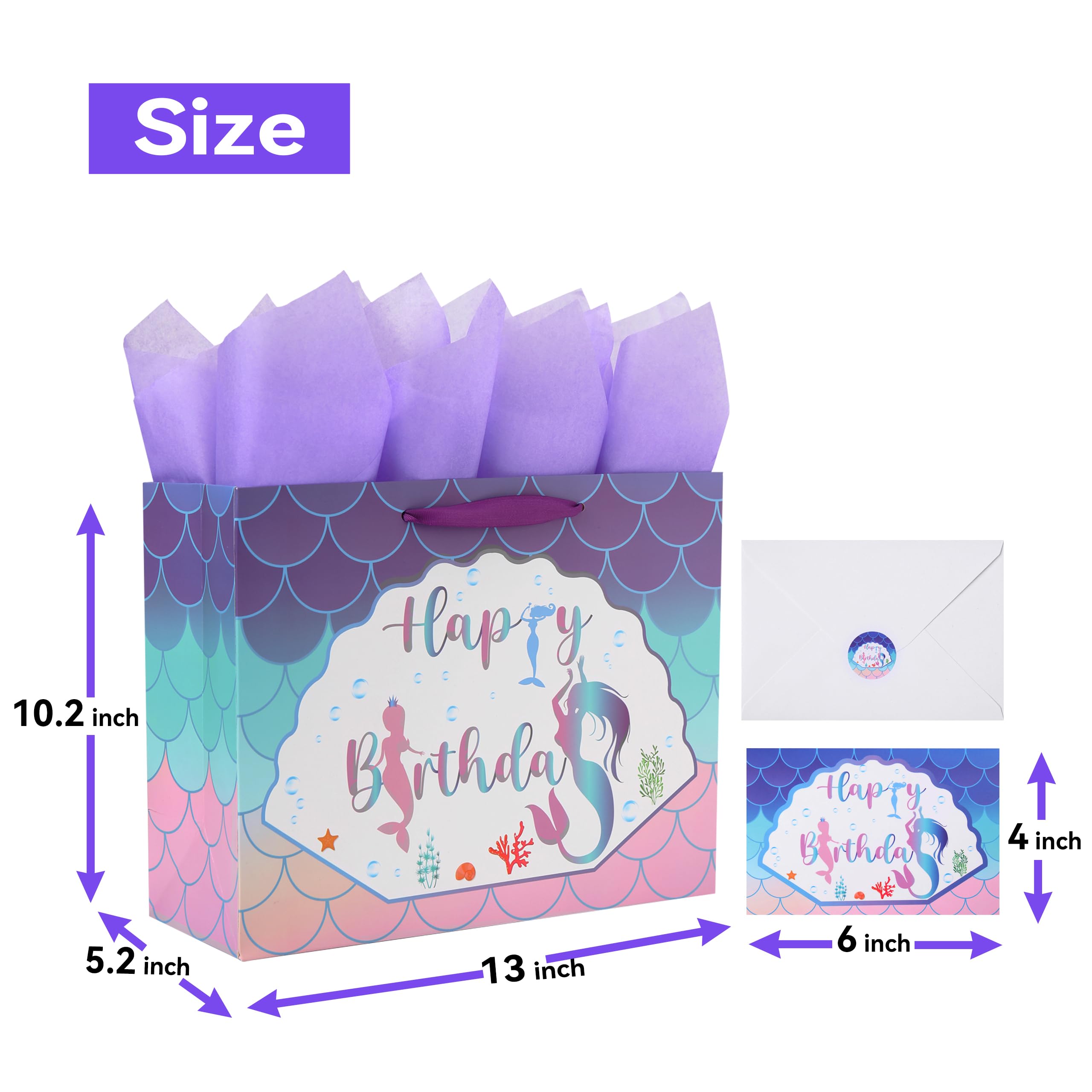 Qirrmiy 13" Large Purple Gift Bag Set with Greeting Card and Lavender Tissue Papers (Mermaid Design) for Girls' Birthday Party, Women's Birthday Parties, Baby Girl - 13”x5.2”x10.2”, 1 Pcs.