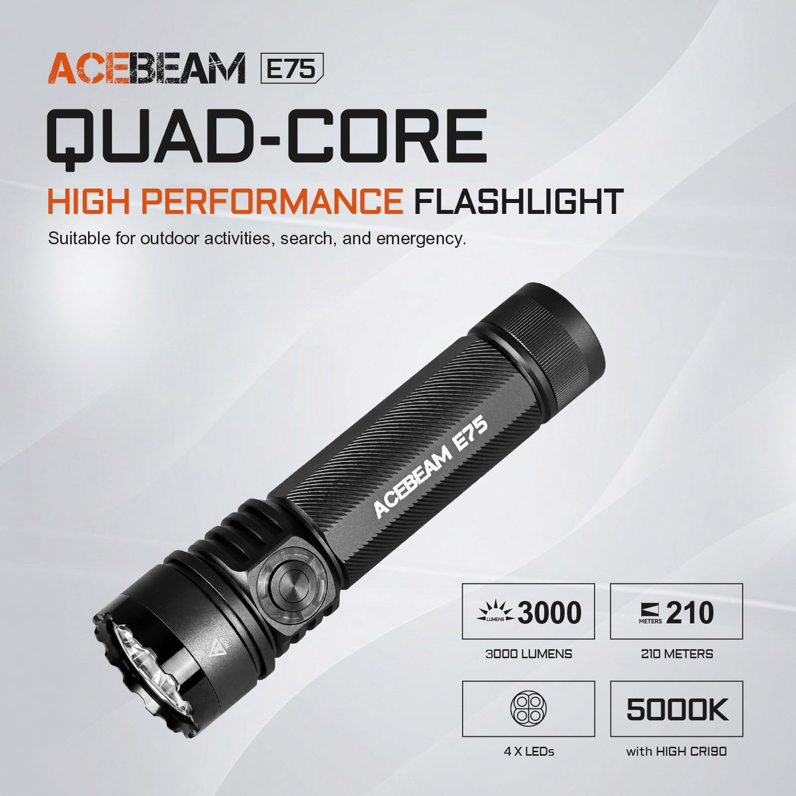 ACEBEAM E75 3000 High Lumens Flashlight with Magnetic Base, Super