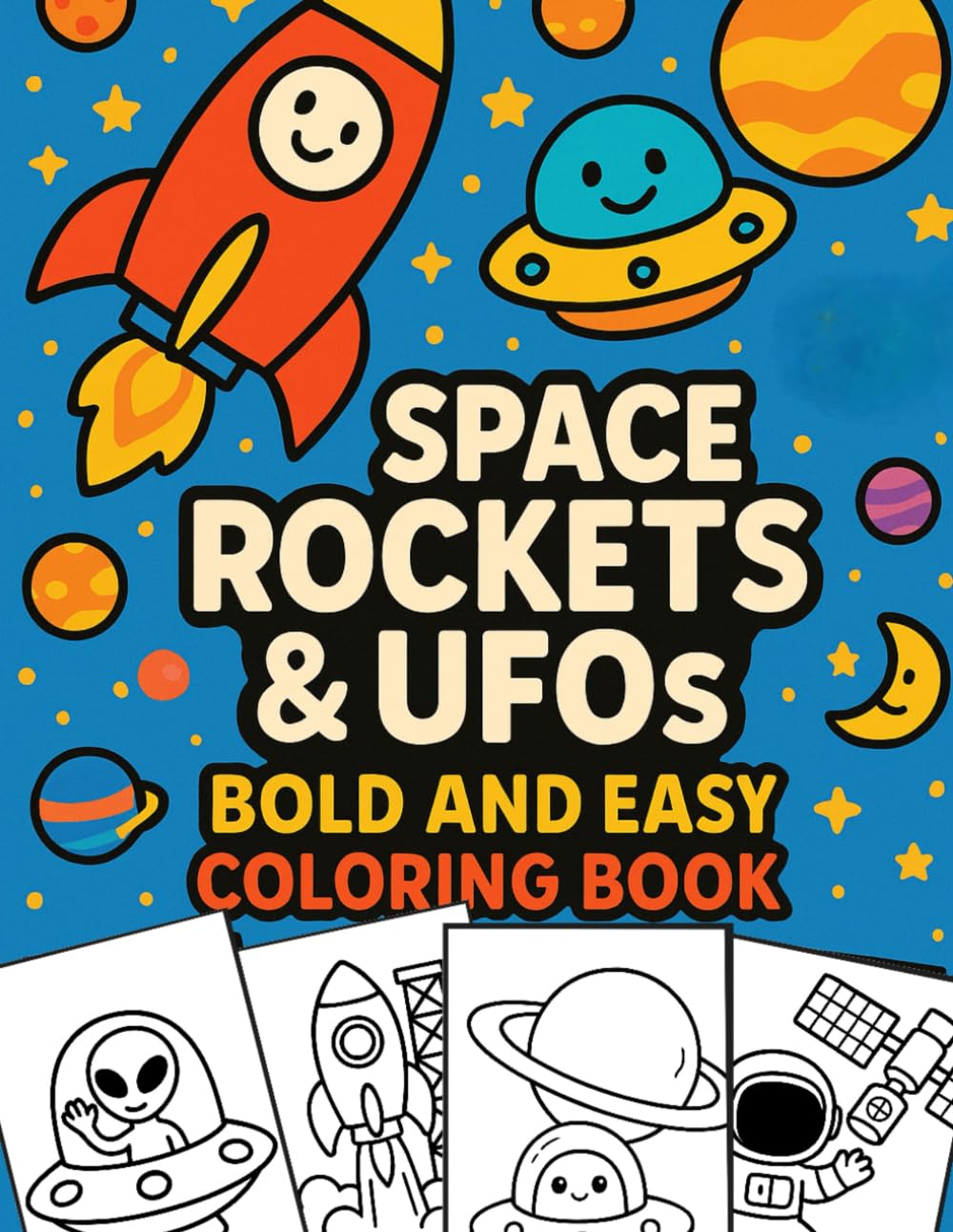 Space Rockets & UFOs – Bold and Easy Coloring Book: Fun Space Coloring Pages with Rockets, UFOs, Astronauts & Planets for Kids Ages 3–7