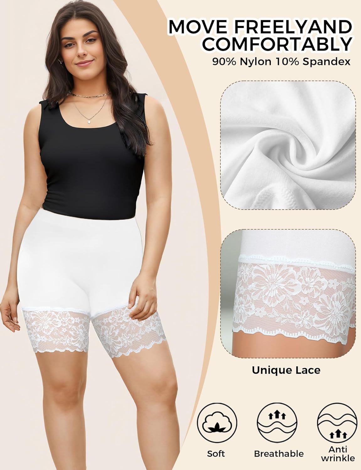 1 Pack Lace Slip Shorts for Women Under Dresses, Seamless Anti Chafing Shorts Summer (1pcs White, XL) - Image 4