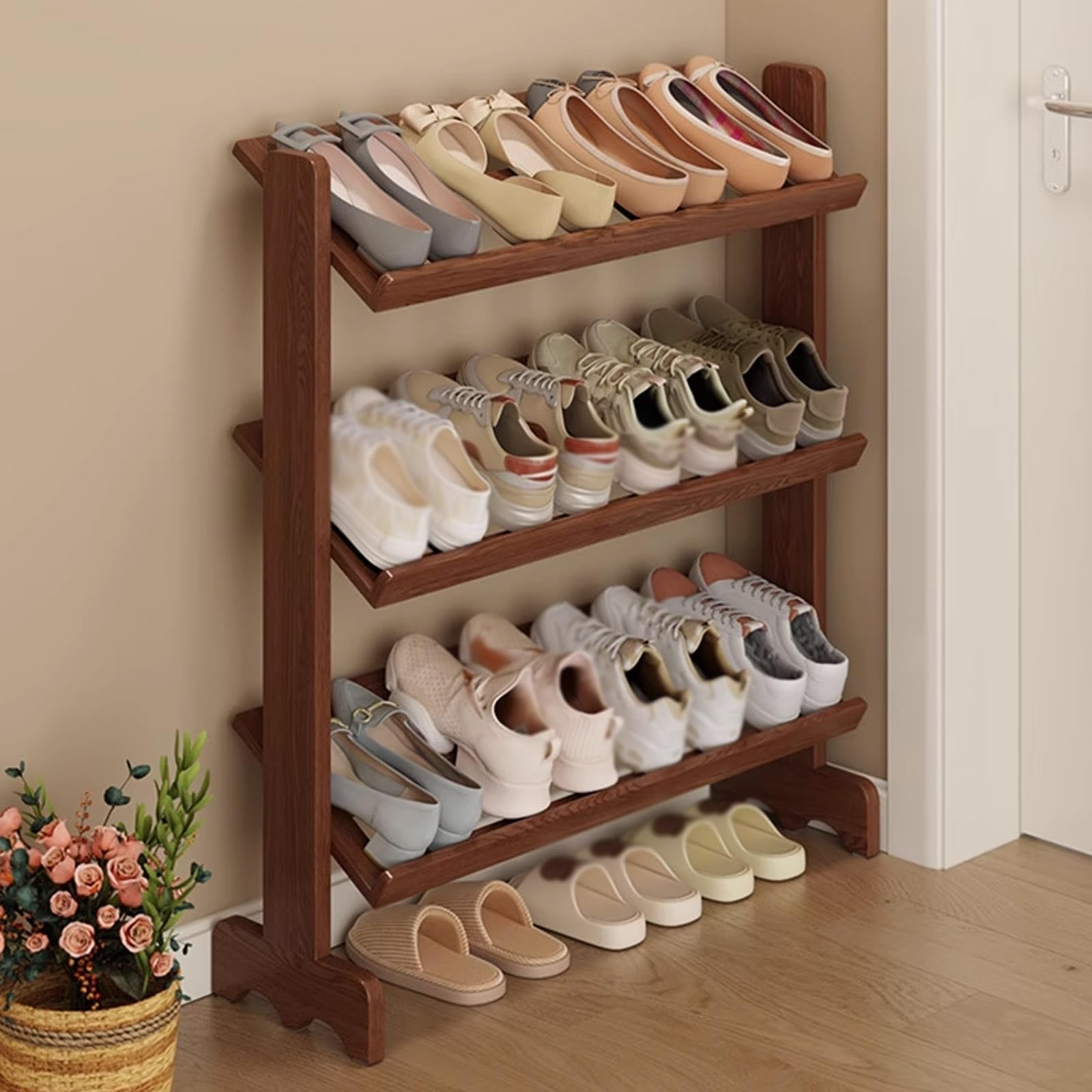WHGURVH 3Tier Solid Wood Shoe Rack SpaceSaving Shoe Orga with AntiSlip Design for Entryway Bedroom ApartmentPerfect for Small Spaces(70x26.5x97cm)
