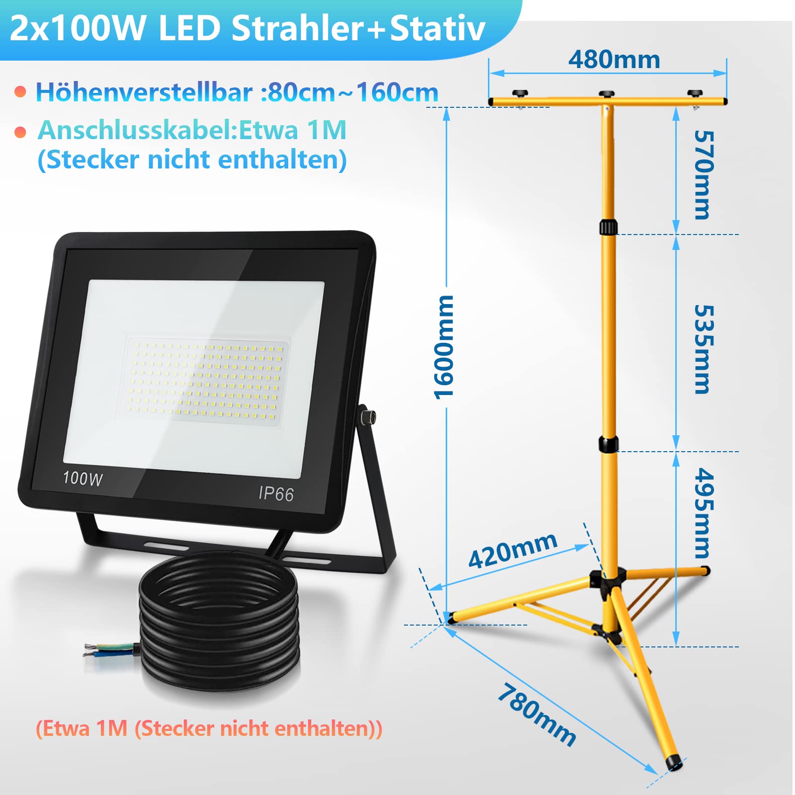 Eulenke Foco LED de trabajo, 2 x 100 W, IP66, 6000 K, luz blanca fría, 8500 lm, lámpara de trabajo para sótanos, cobertizos, almacén (con cable de 1 m, sin enchufe), PE-M-8228 x 2 3746-1