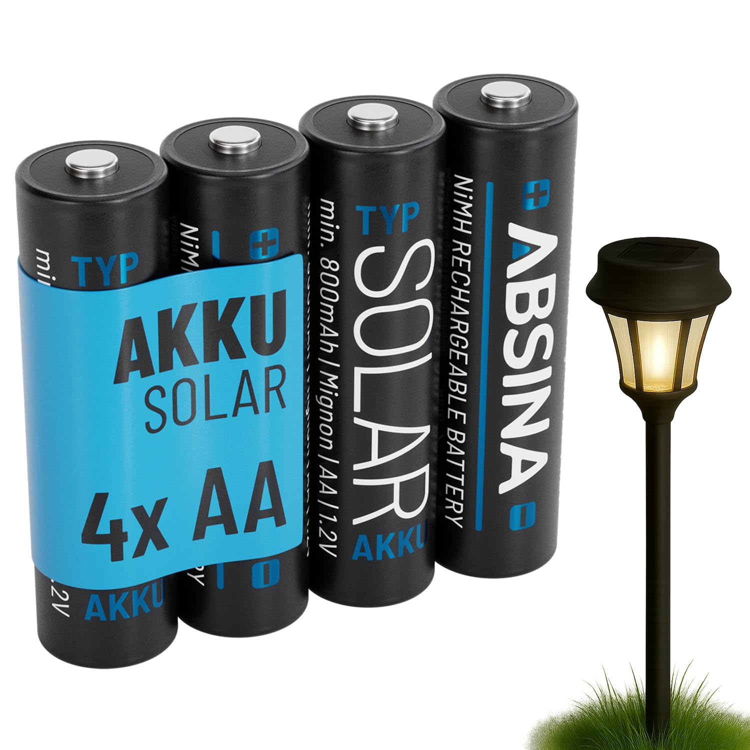 ABSINA 4x Batterie solari AA ricaricabili 800mAh 1.2V NiMH - Batterie per solare - Batterie ricaricabili AA a bassa autoscarica - Batteria solare, batteria per lampada, pile ricaricabili