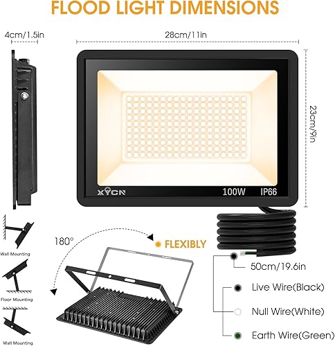 Miniatura 4 de Paquete de 2 luces LED de 100 W, luz de inundación exterior blanca cálida de 3000 K, luces de seguridad súper brillantes para exteriores, 11500