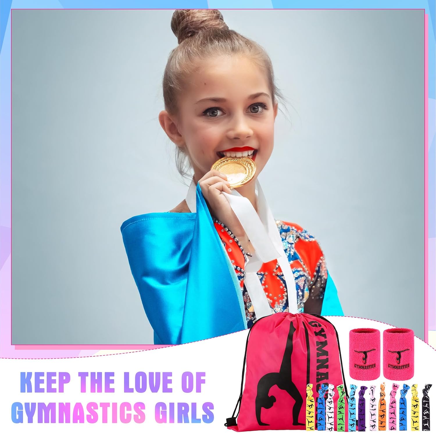 Xtinmee 136 Pcs Gymnastic Gift Set Gymnastics Party Favor Birthday Drawstring Backpack Wristband Sweatband Gymnastics Bag Ponytail Holder Hair Tie Temporary Tattoo Gymnastic Sticker