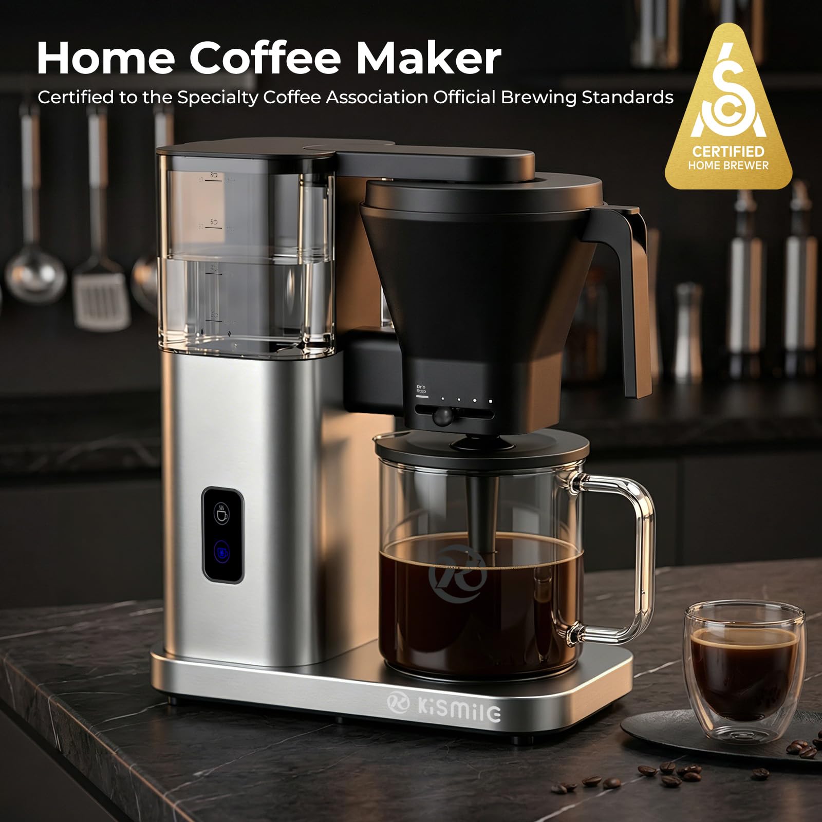 Kismile 8 Cup Drip Coffee Maker, SCA Certified Hot & Cold Brew Coffee Machine, Fast Heating to 197–205℉, 40 Min Keep Warm, Adjustable Flow Control, Easy to Clean