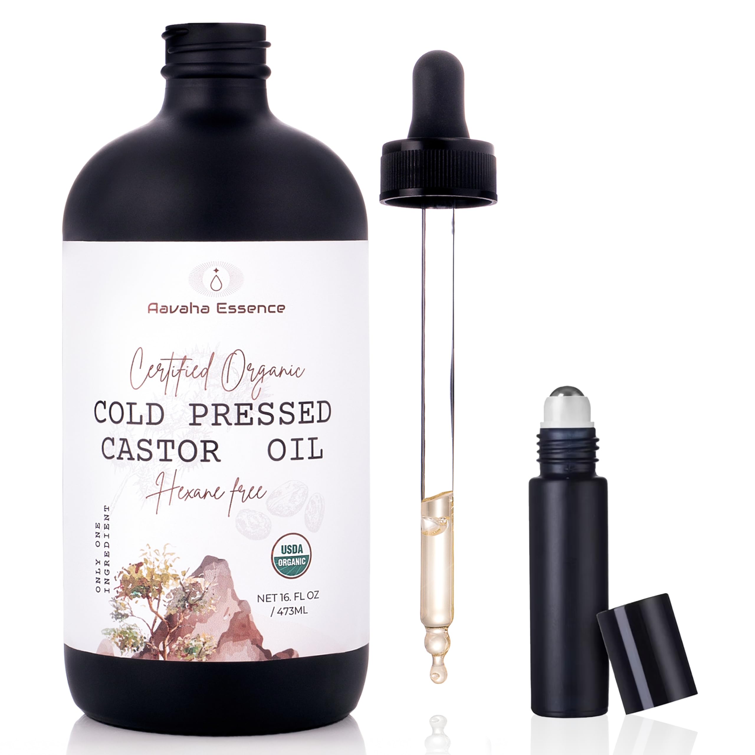 Photo 1 of Aavaha Essence Organic Castor Oil – Cold-Pressed, Hexane-Free, 100% Pure & USDA Certified – Cold Pressed Oil for Hair, Skin, Eyelashes & Brows – 16 oz Glass Bottle with Dropper + Mini Glass Roll-On
