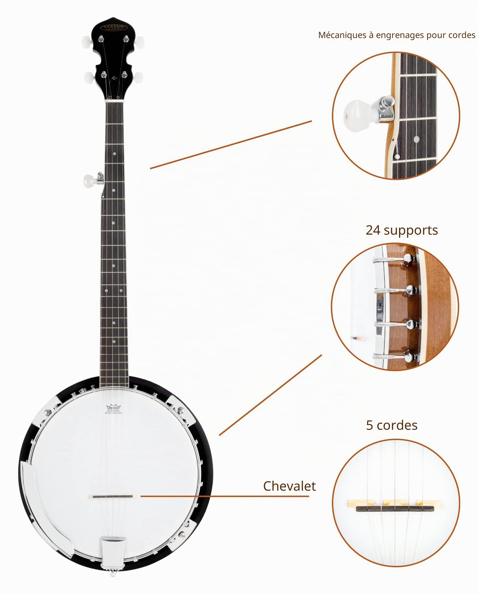 Classic Cantabile BB-5 Banjo 5 Cordes - Banjo 5 cordes avec résonateur - caisse 11" et résonateur en tilleul - touche : Blackwood - diapason 26", 22 frettes - finition brillante