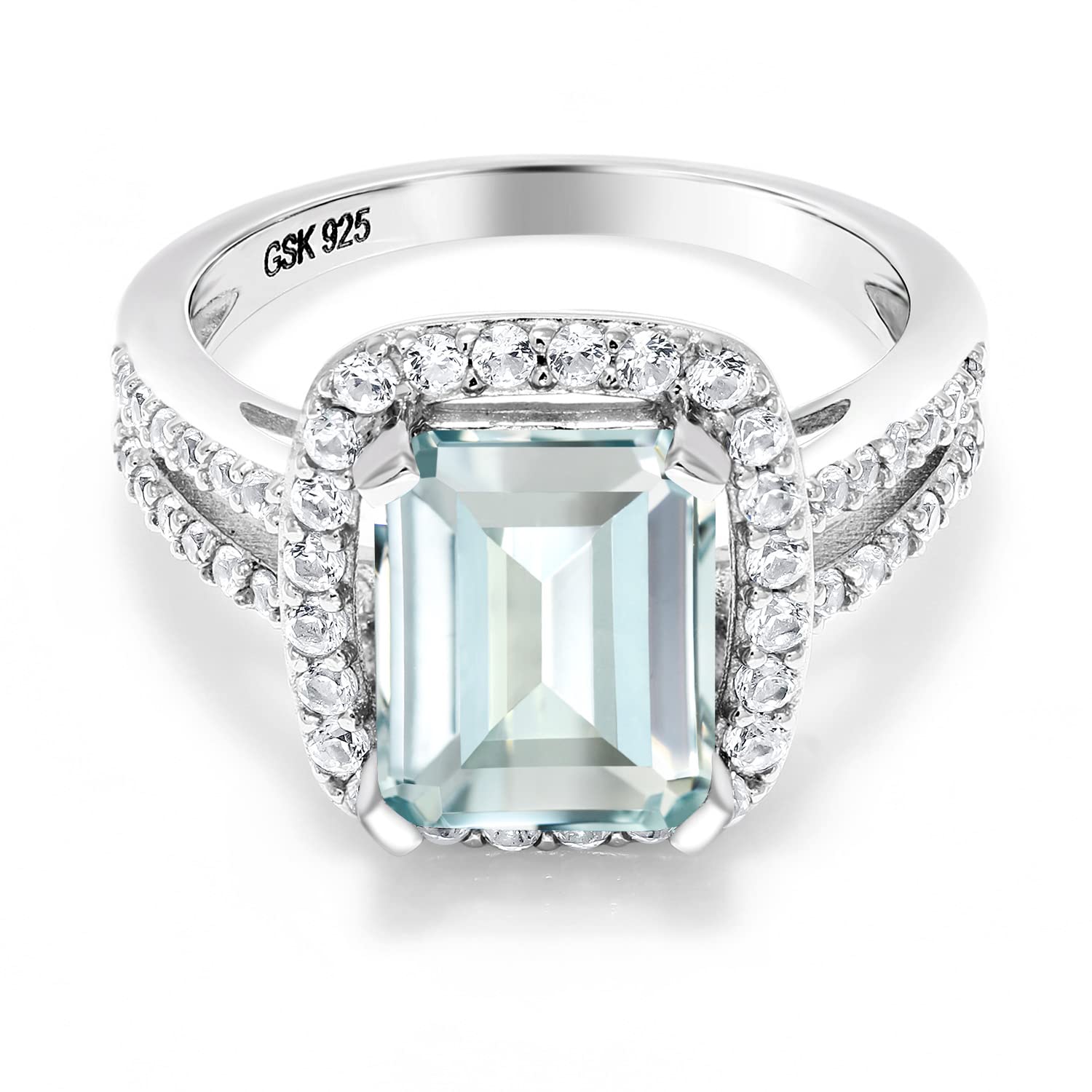 Gem Stone King 3.68 Cttw Sky Blue Simulated Aquamarine Engagement Ring For Women | 925 Sterling Silver | Emerald Cut 10X8MM | Wedding Engagement