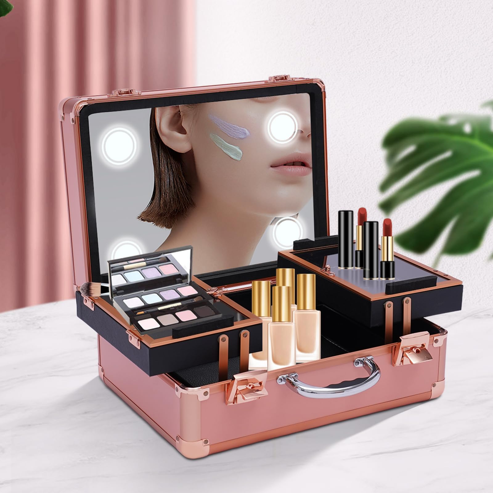 MARTEXBUY Makeup Train Case, Makeup Case with LED Lights and Mirror, Portable Cosmetic Organizer Box with Customized Dividers and Locks, Large Capacity Makeup Artist Organizer Kit, Rose Gold