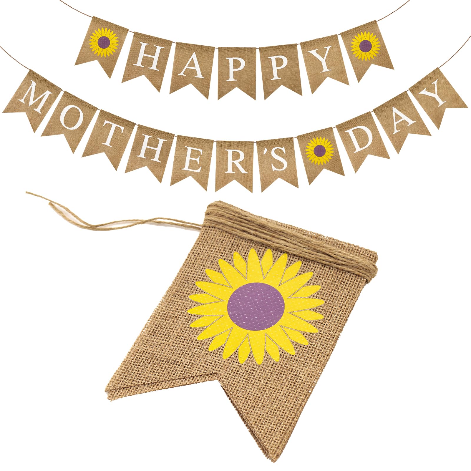 Photo 1 of G2PLUS Happy Mother's Day Banner, Pre-strung Mothers Day Decorations Burlap Banner Garland with Sunflower, Rustic Mothers Day Party Bunting Decor for Home Wall Photo Backdrop Indoor Outdoor