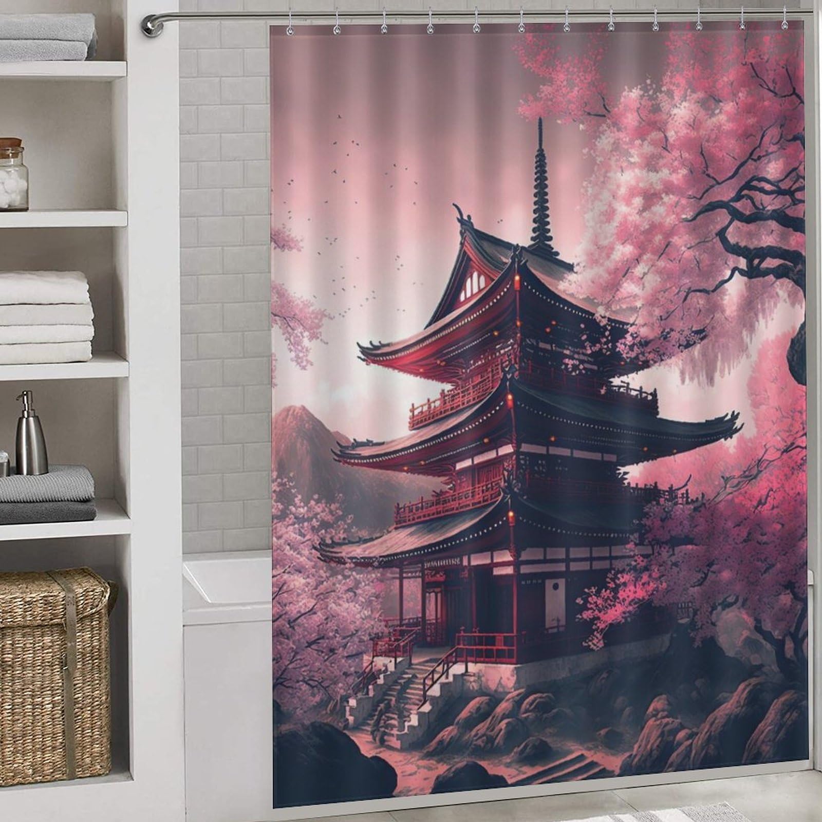 Rideau de douche temple japonais : design asiatique lavable pour baignoire 168x183